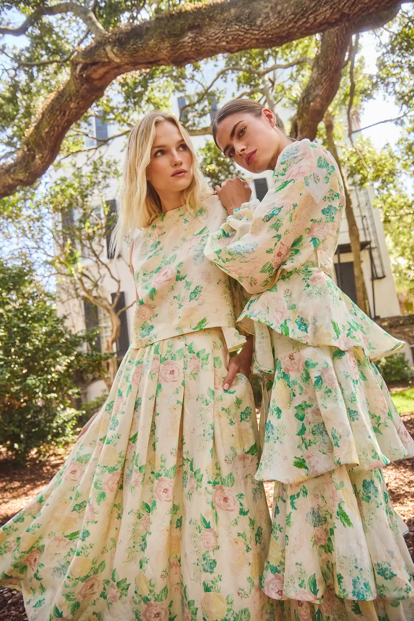 The Alexis Skirt in Garden Rose Peony paired with matching Manning Top with the Chelsea Dress.