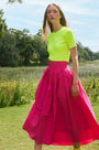 A fitted sweater-knit tee in vibrant neon yellow with a classic crew neckline and short sleeves.