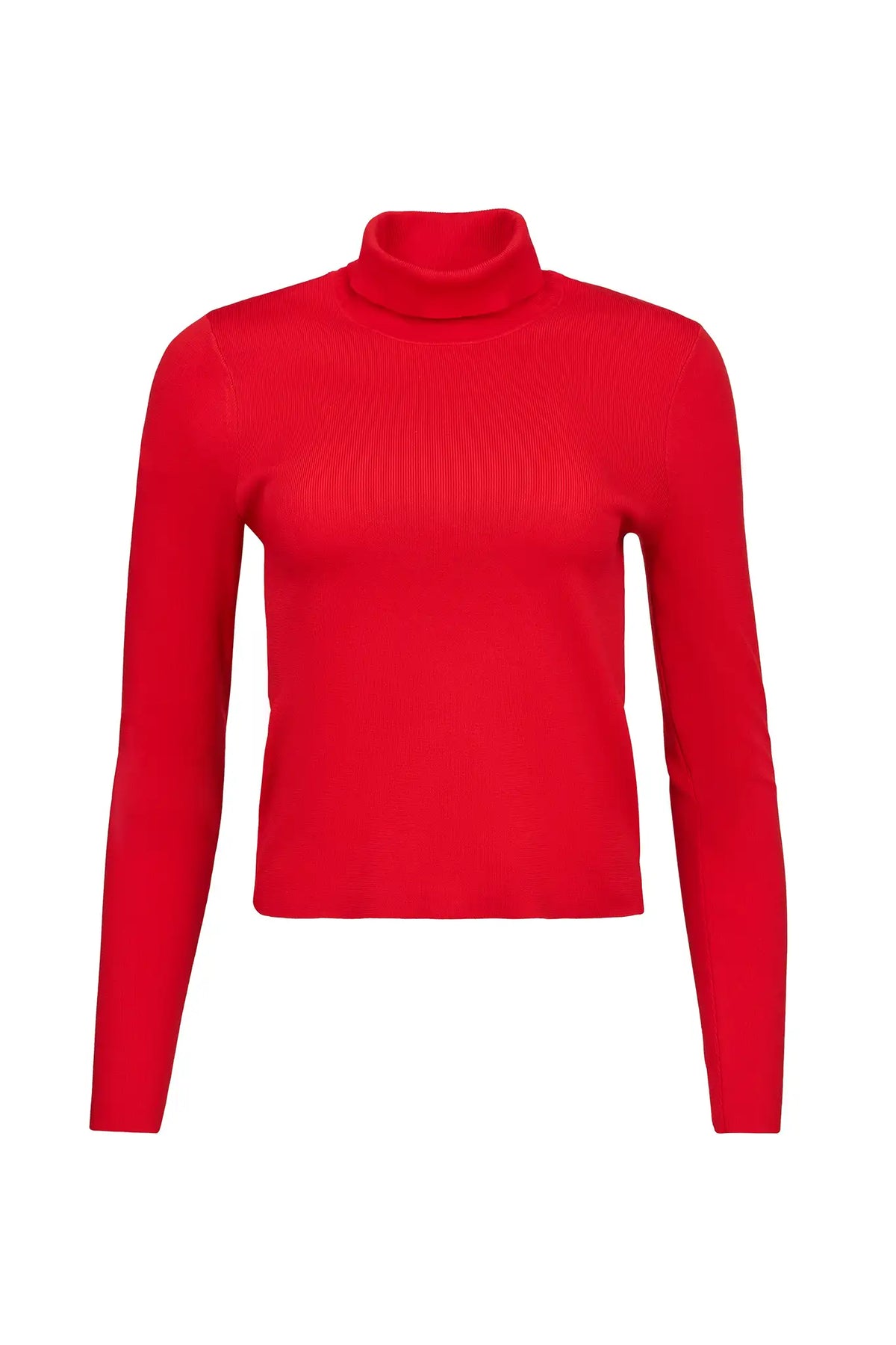 The Roen Turtleneck in Crimson Red.