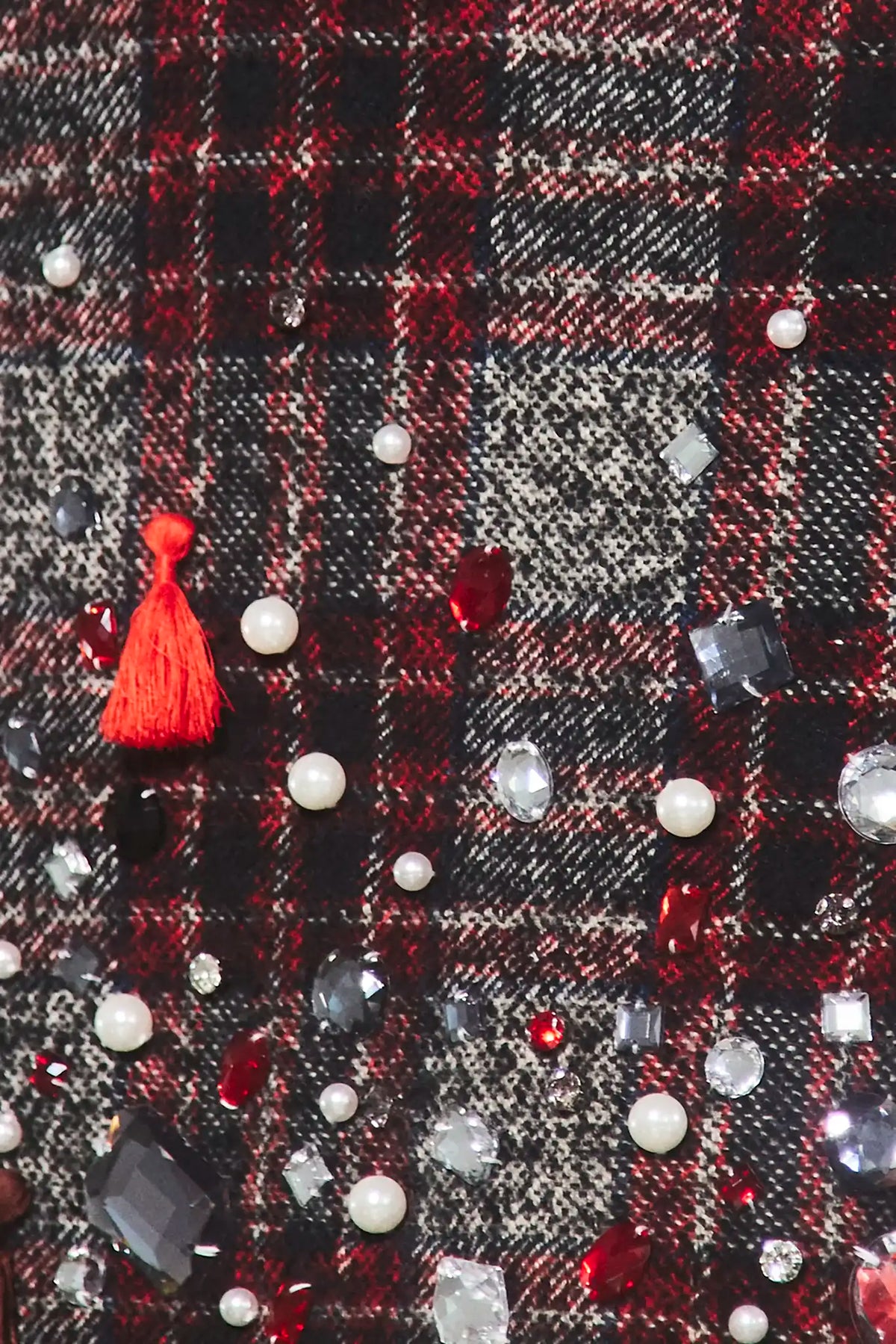 Close up of the Bonham Jacket in Parlour Plaid Garnet. 