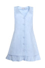 Vest style mini dress in light blue with button front closure and pleated sweep panel.
