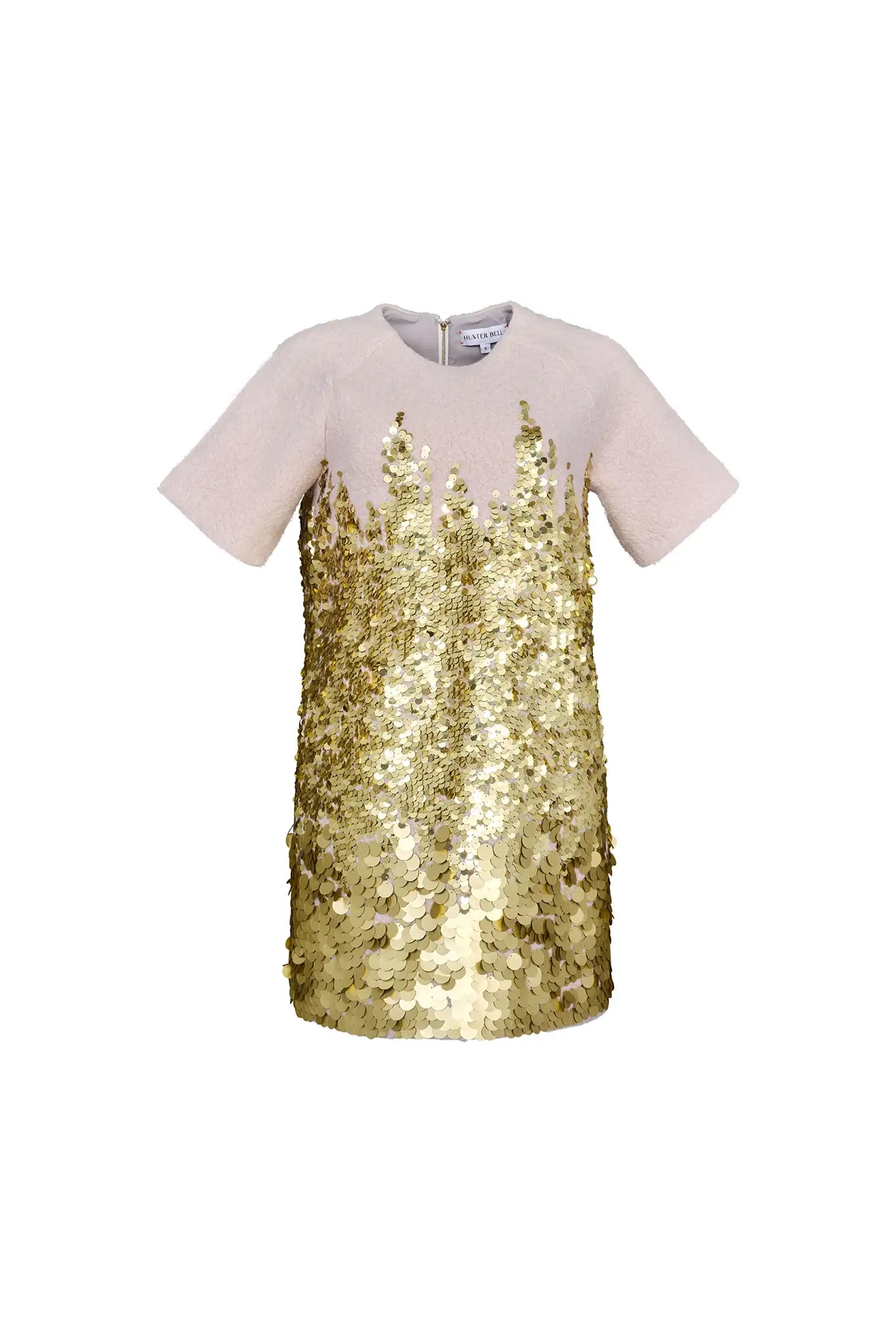 The Aerin Dress is crafted from Italian wool embroidered with cascading gold paillettes. 