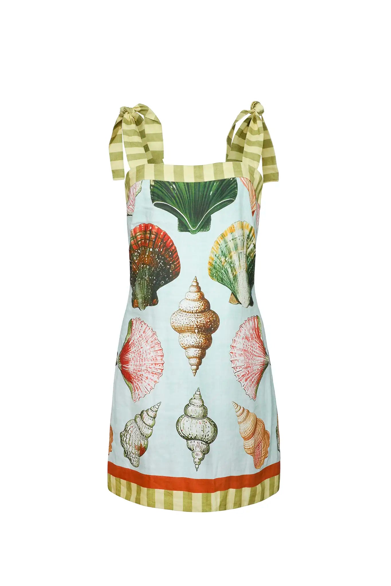 The Alba Dress, mini mint dress with colorful shells and striped straps.