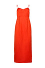The Amal Dress in tangerine tango, spaghetti strap midi with subtle bust and sleek pencil skirt.