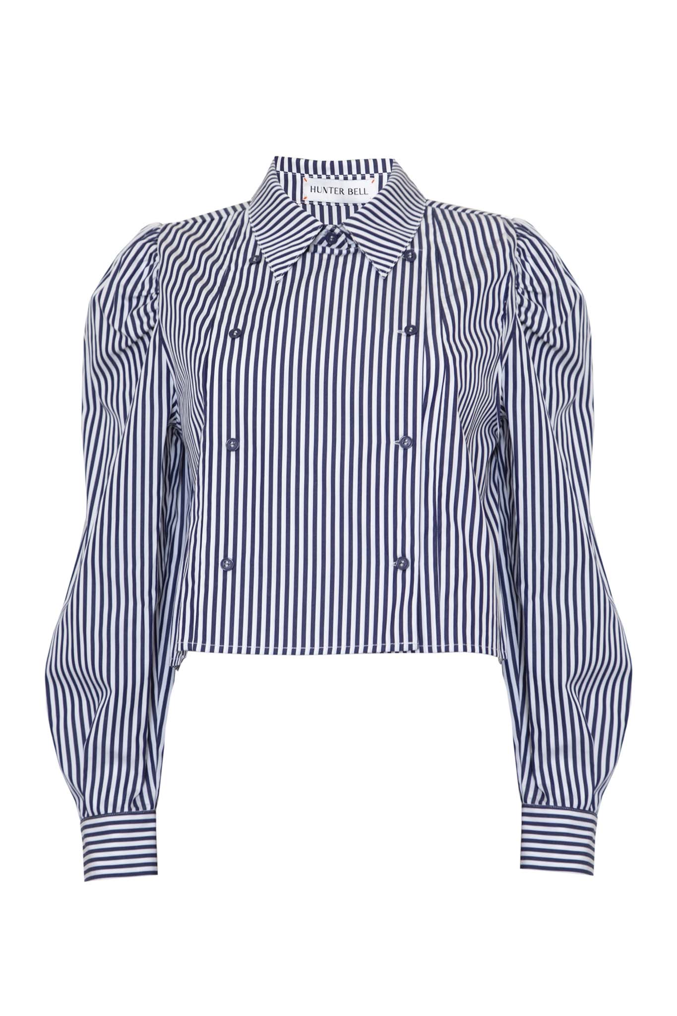 The cropped Annette Shirt is a striped long-sleeve with a double-breasted button placket.