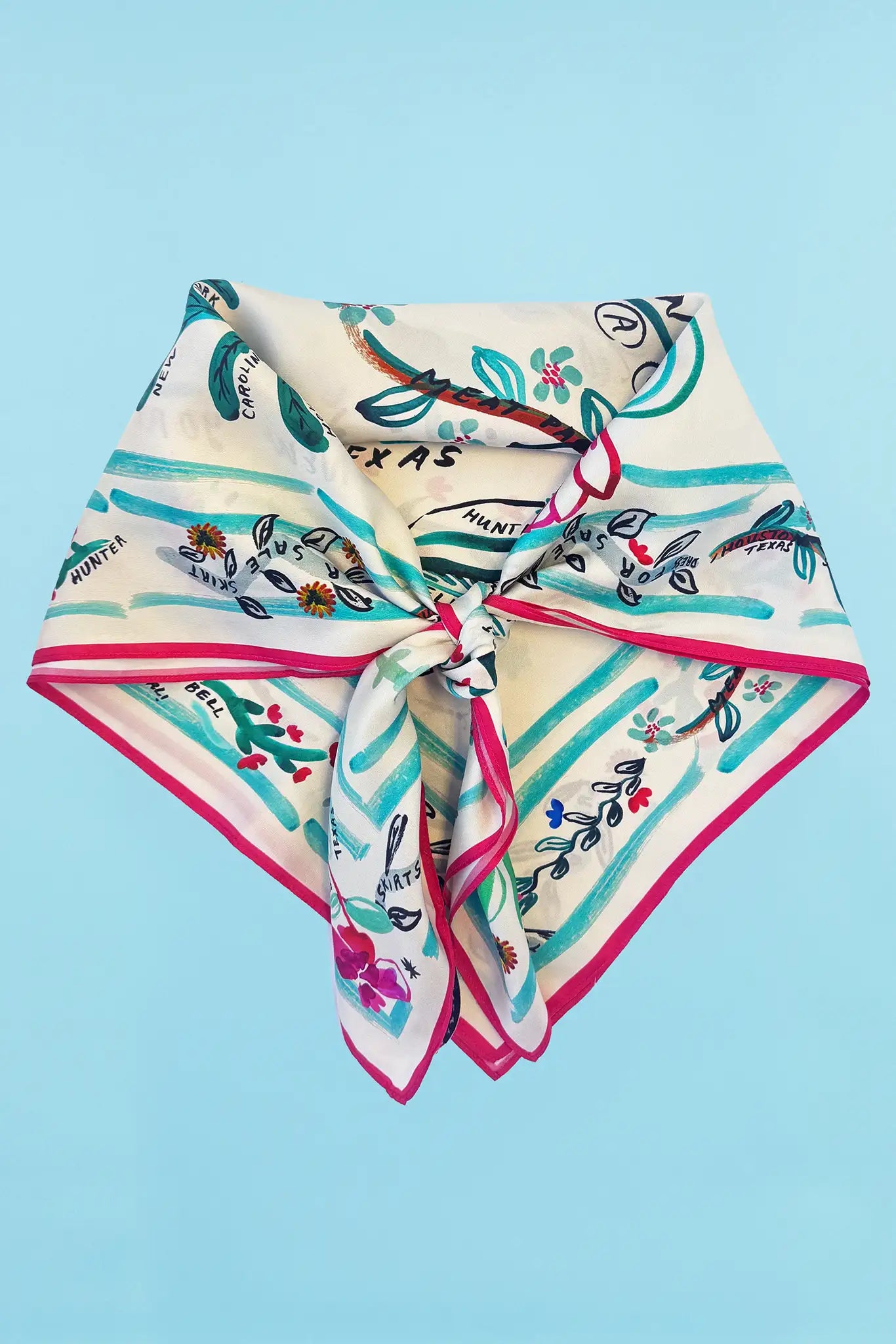 The Anniversary Scarf in our anniversary print tied in knot
