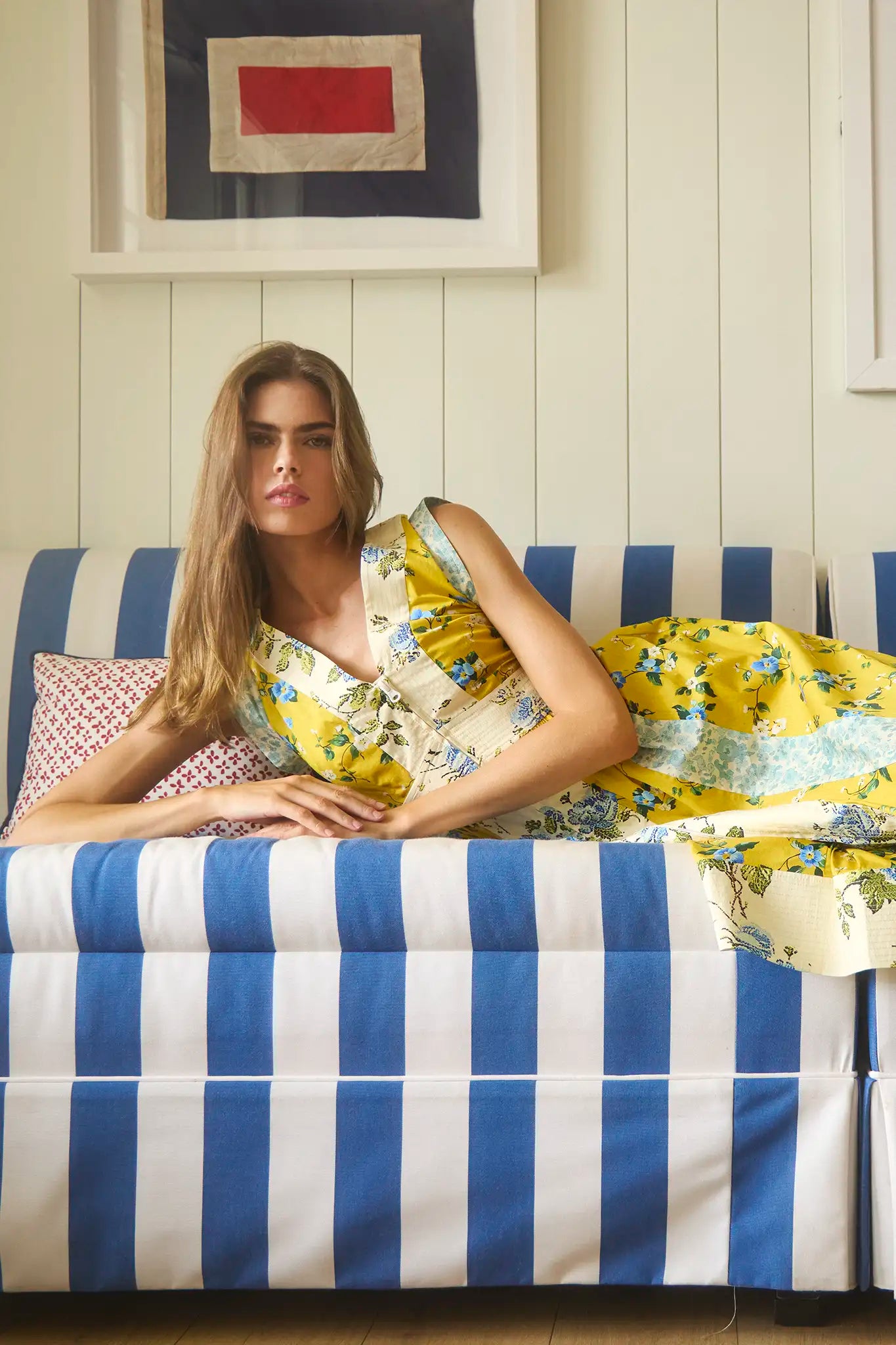 The April Dress in Middleton Meadow Mix with V-Neck, short banded sleeves, and flowing skirt.