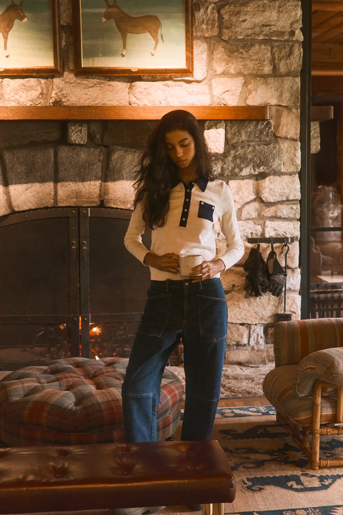 The Mallory Jeans in Blue Ridge Denim paired with the Archie Polo in Ivory. 