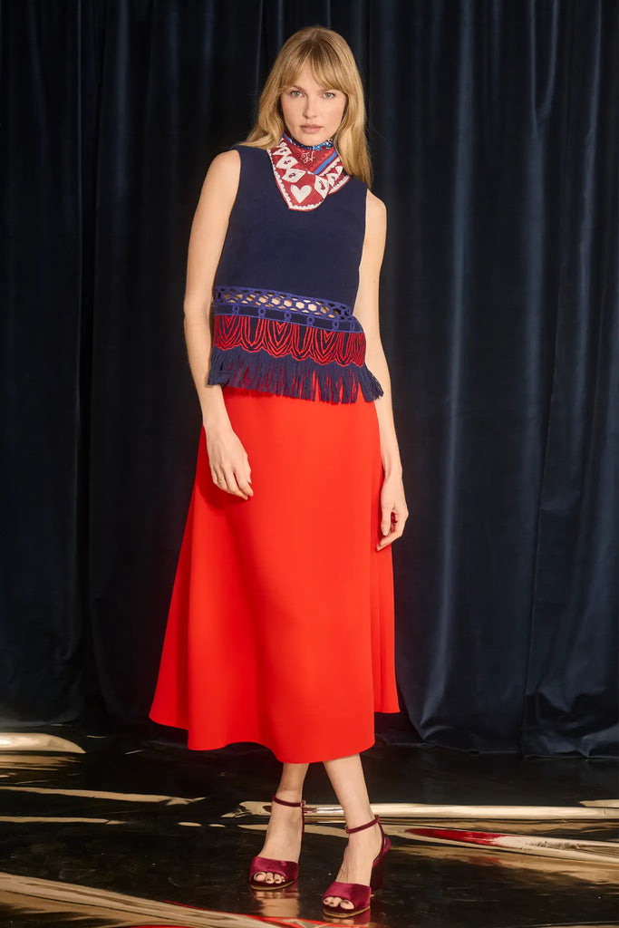 The Adele Skirt, cut on the circle from saturated red crepe with a clean waist and side seam zipper