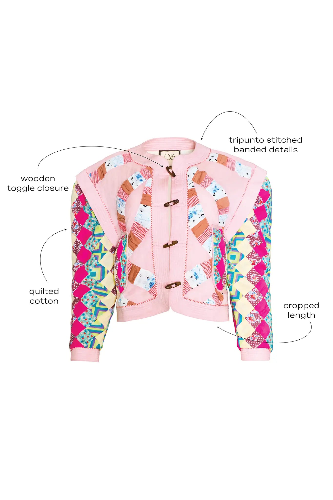 A cropped long-sleeve quilted jacket with a wooden toggle closure in multiple pastels.