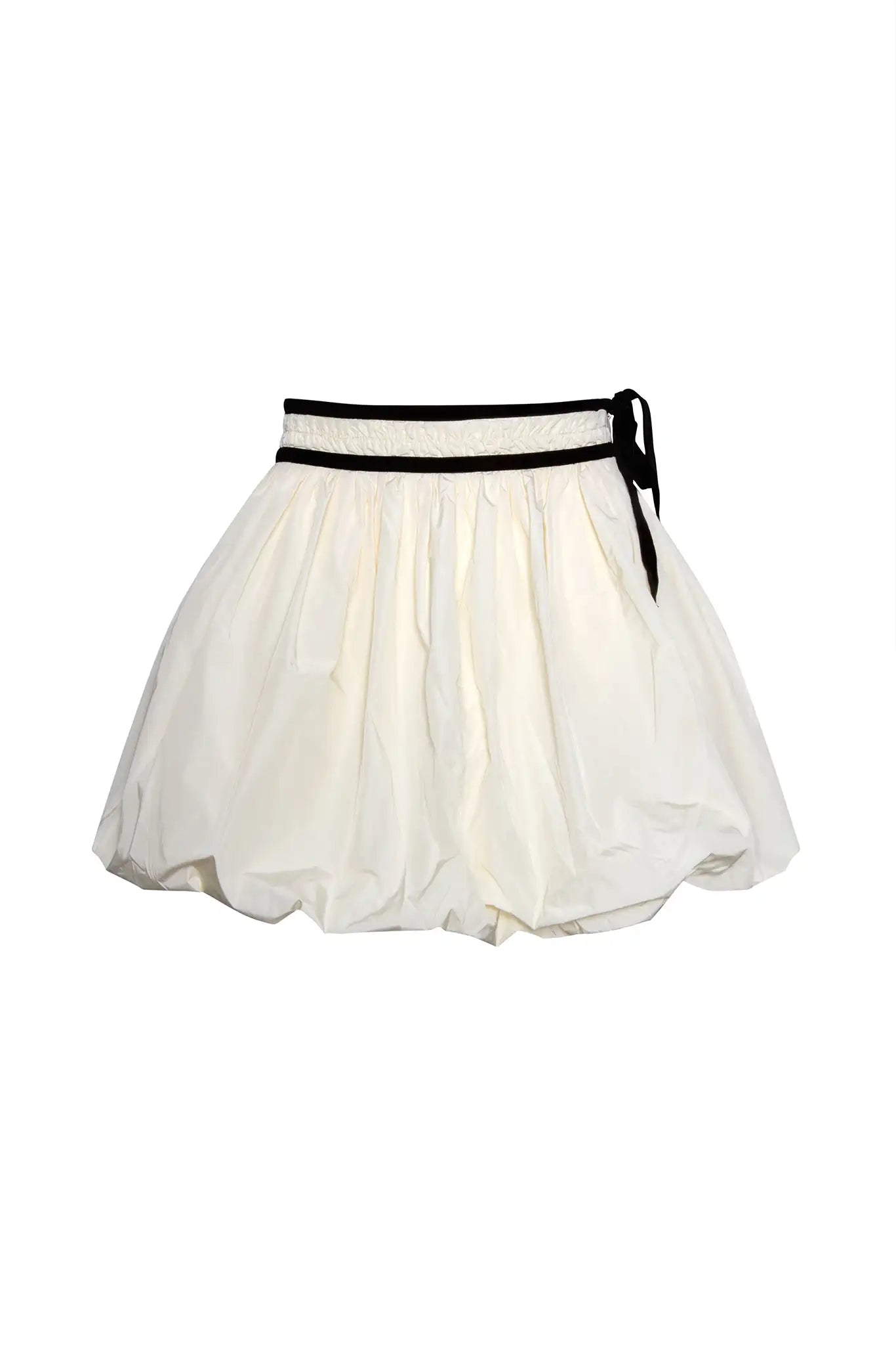 The Angelina Skirt is the bubble mini in ivory taffeta with velvet ribbon detailing.