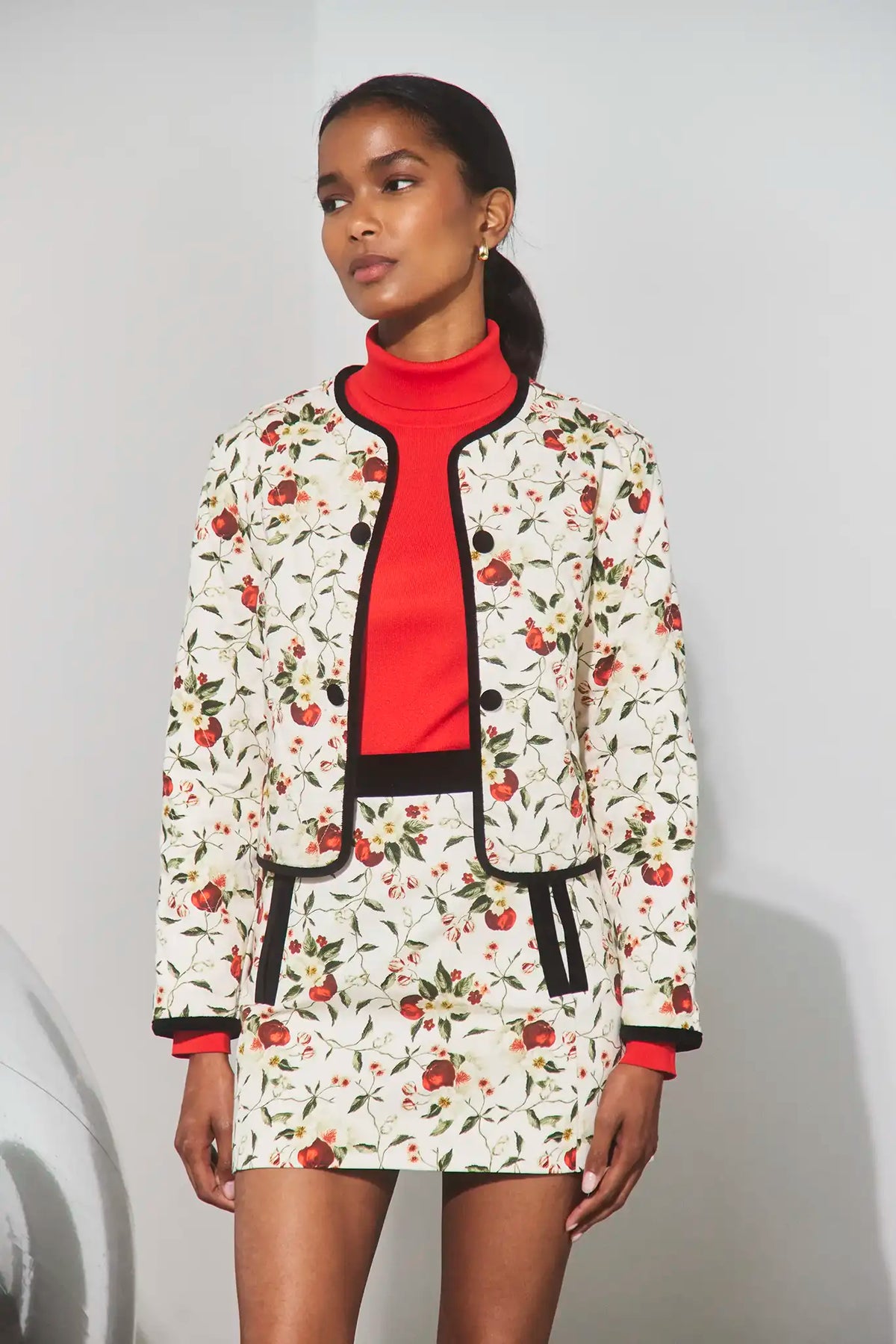 The Atwood Jacket in Camellia Ivory paired with the matching India Skirt and the Roen Turtleneck. 