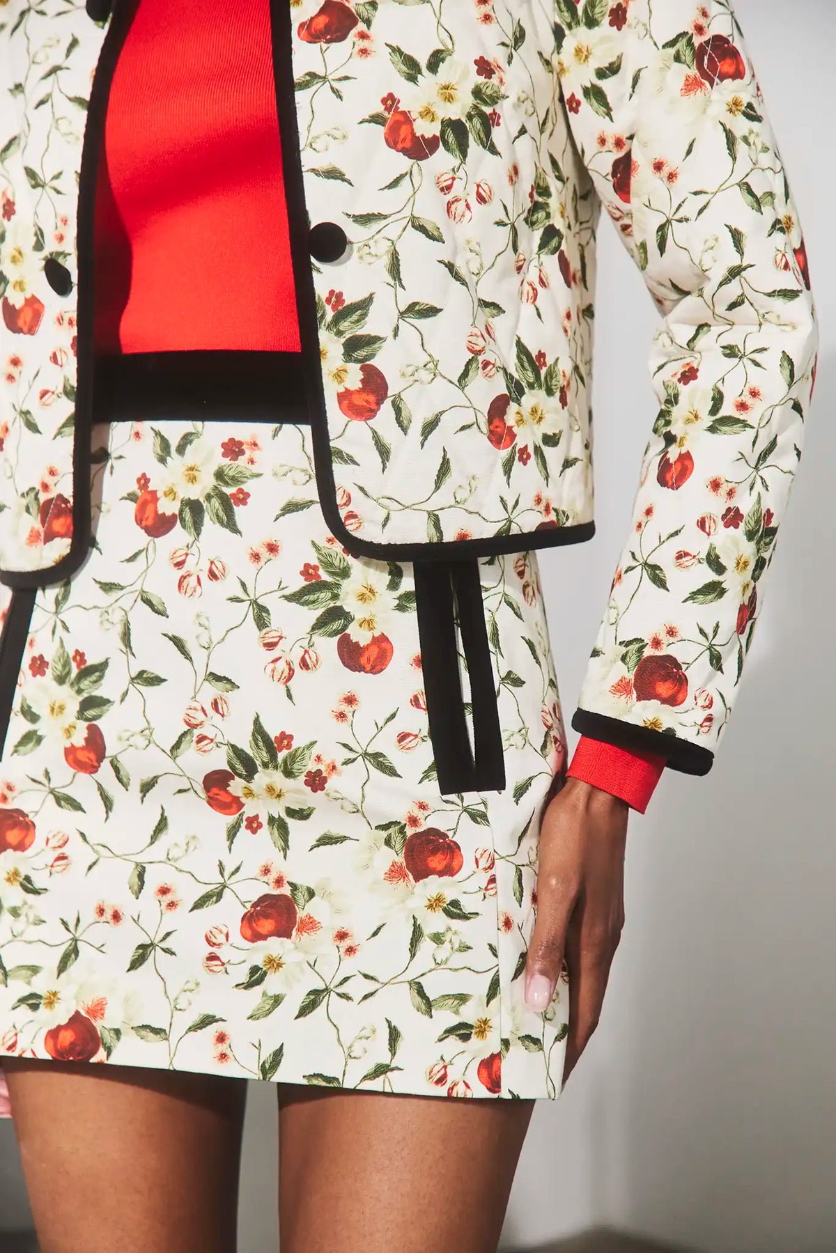 The Atwood Jacket in Camellia Ivory paired with the matching India Skirt and the Roen Turtleneck. 