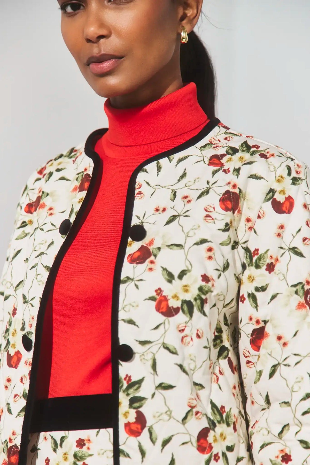The Atwood Jacket in Camellia Ivory paired with the matching India Skirt and the Roen Turtleneck. 