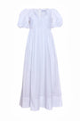The Augusta Dress, white cotton dress with ruched V neckline.