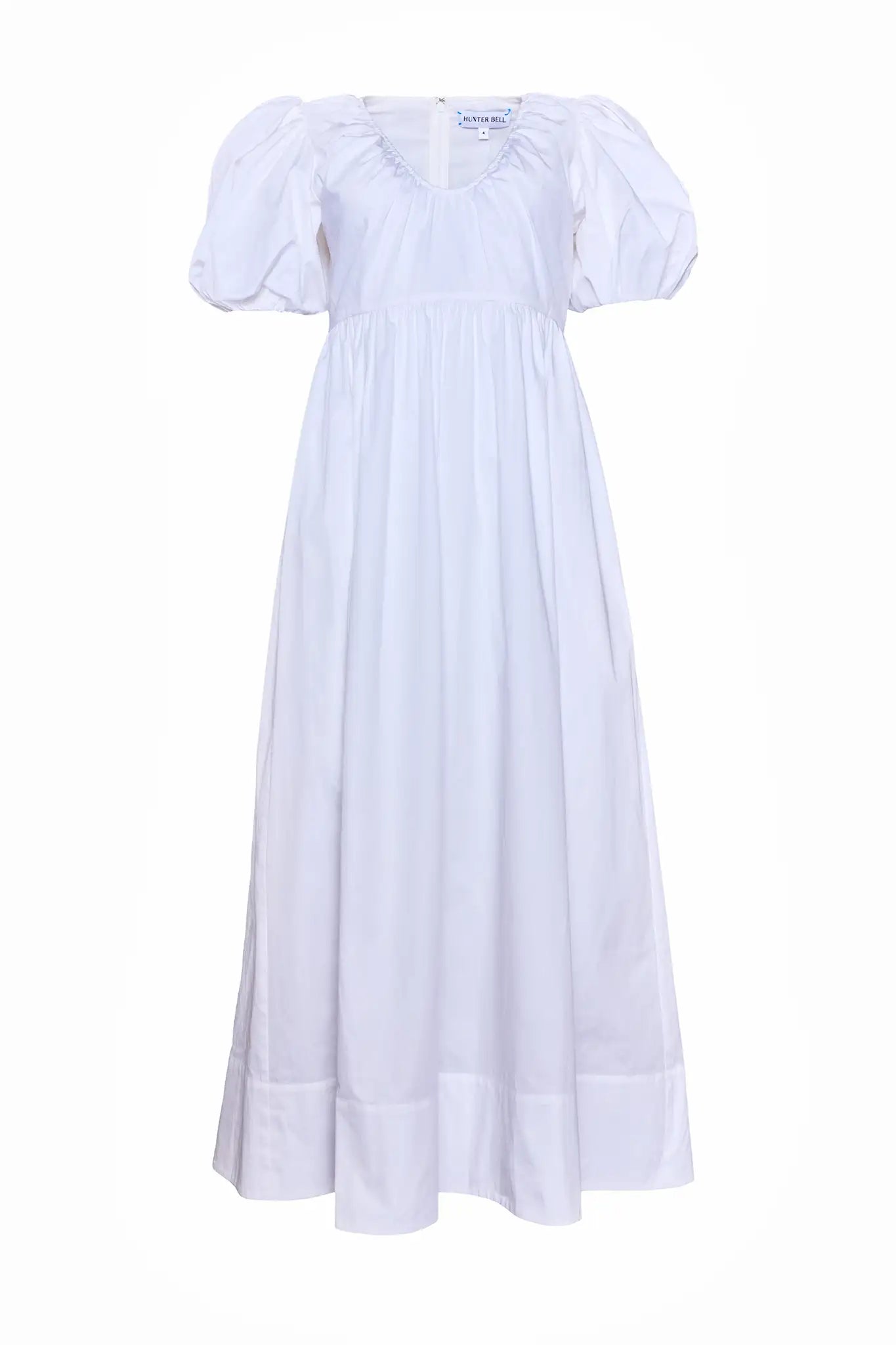 The Augusta Dress, white cotton dress with ruched V neckline.