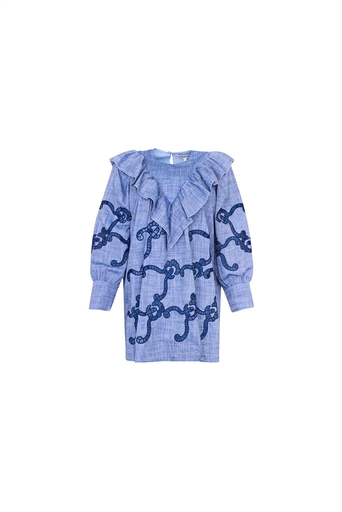 Blue cut-out embroidered linen, crew neckline, softly ruffled yoke, long sleeves with button cuffs