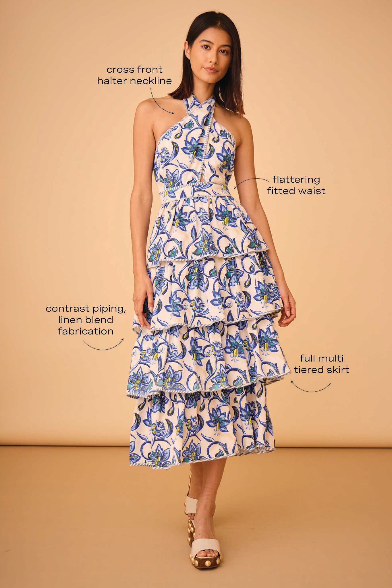 Adjustable Halter Neckline Tiered Skirt Floral Patterned Dress
