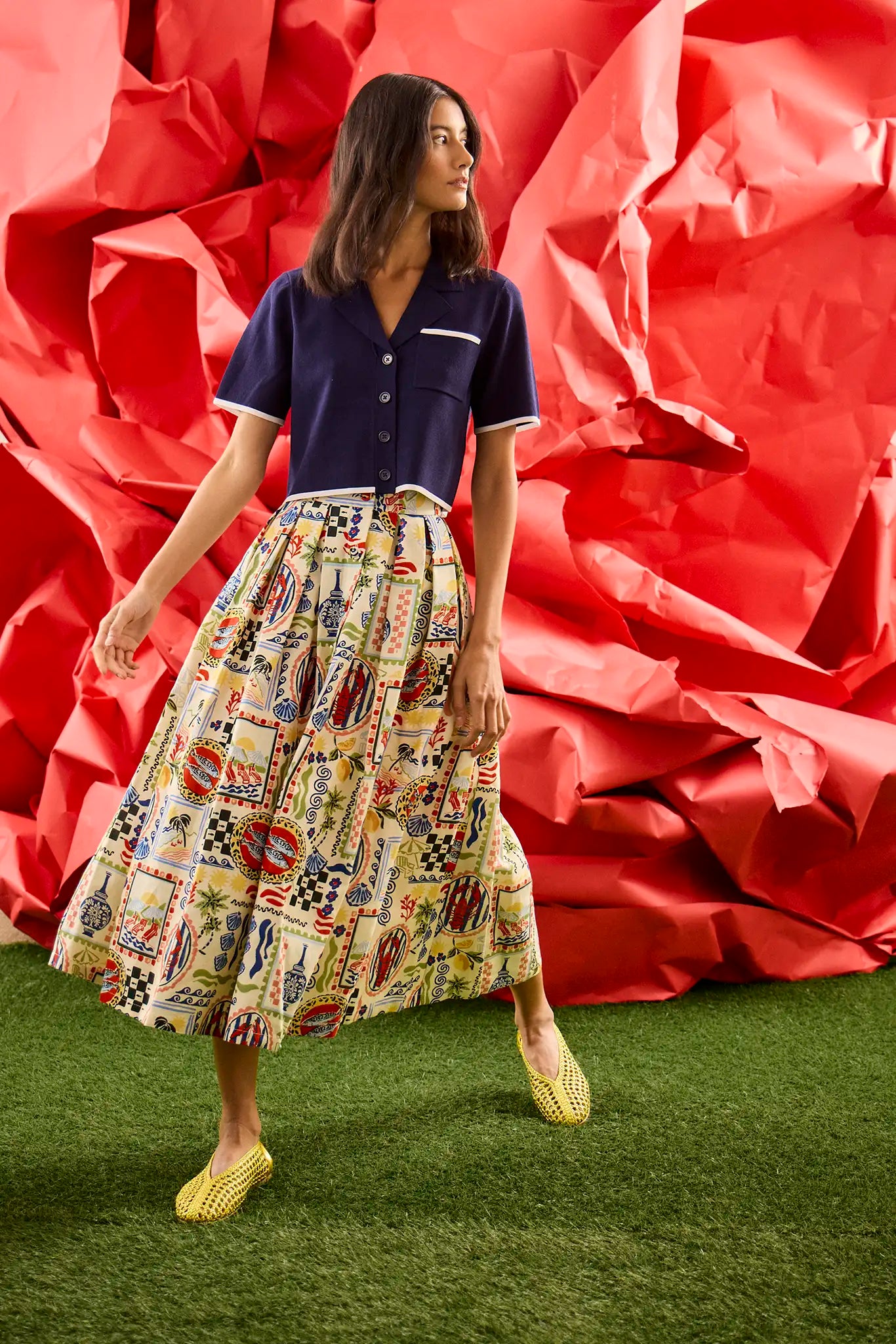 The Banff Sweater Top in Navy paired with our Eva Skirt in Coastal Conversation