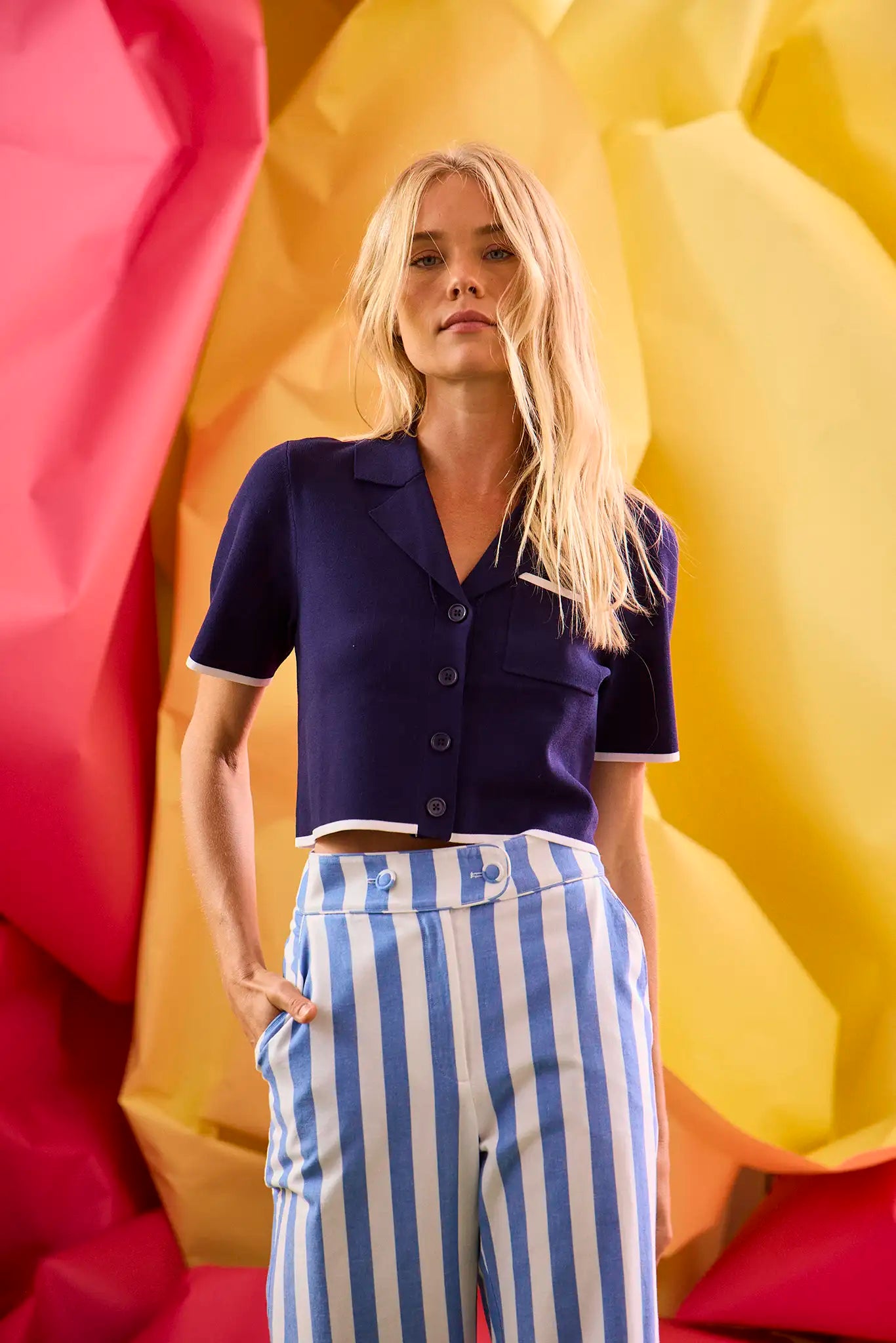 The Juno Pant in Sailing Stripe paired with Banff Sweater Top on model 
