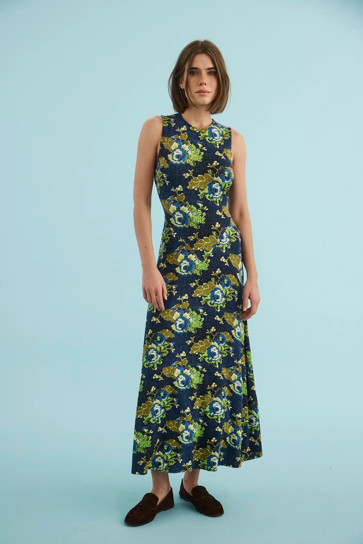 The Barker Dress, floral sleeveless midi dress, in Primrose.