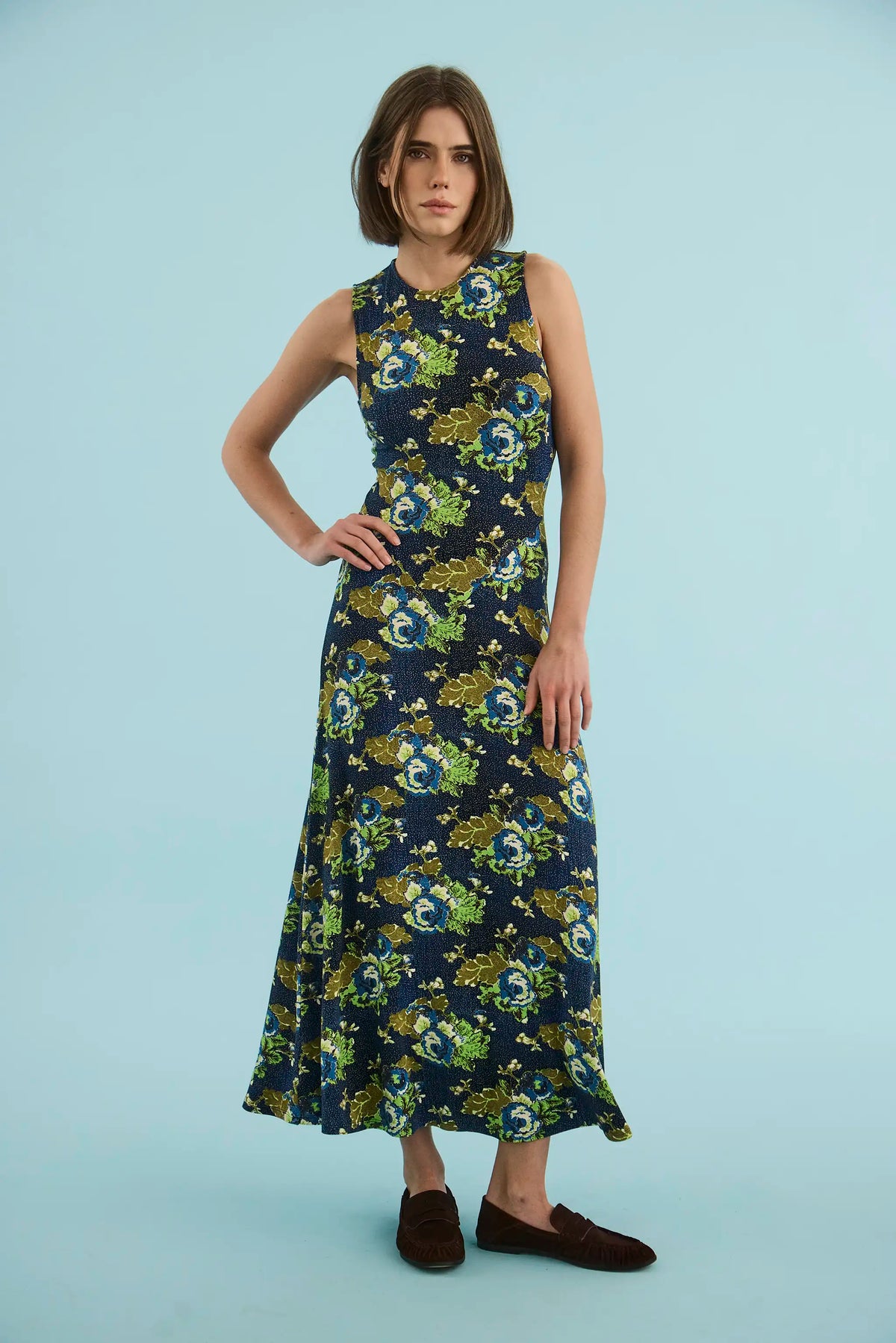 The Barker Dress, floral sleeveless midi dress, in Primrose.