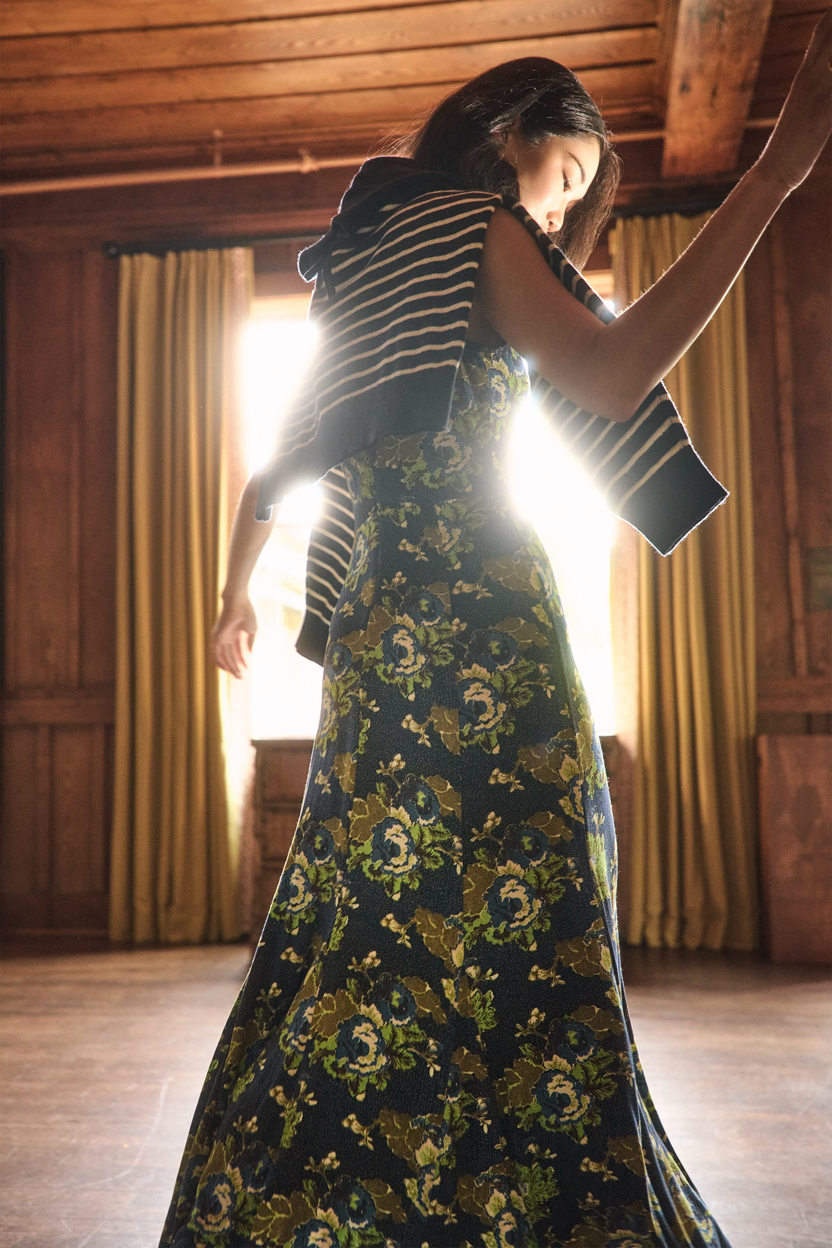 The Barker Dress in Primrose paired with Lewis Pullover in Midnight Blue. 