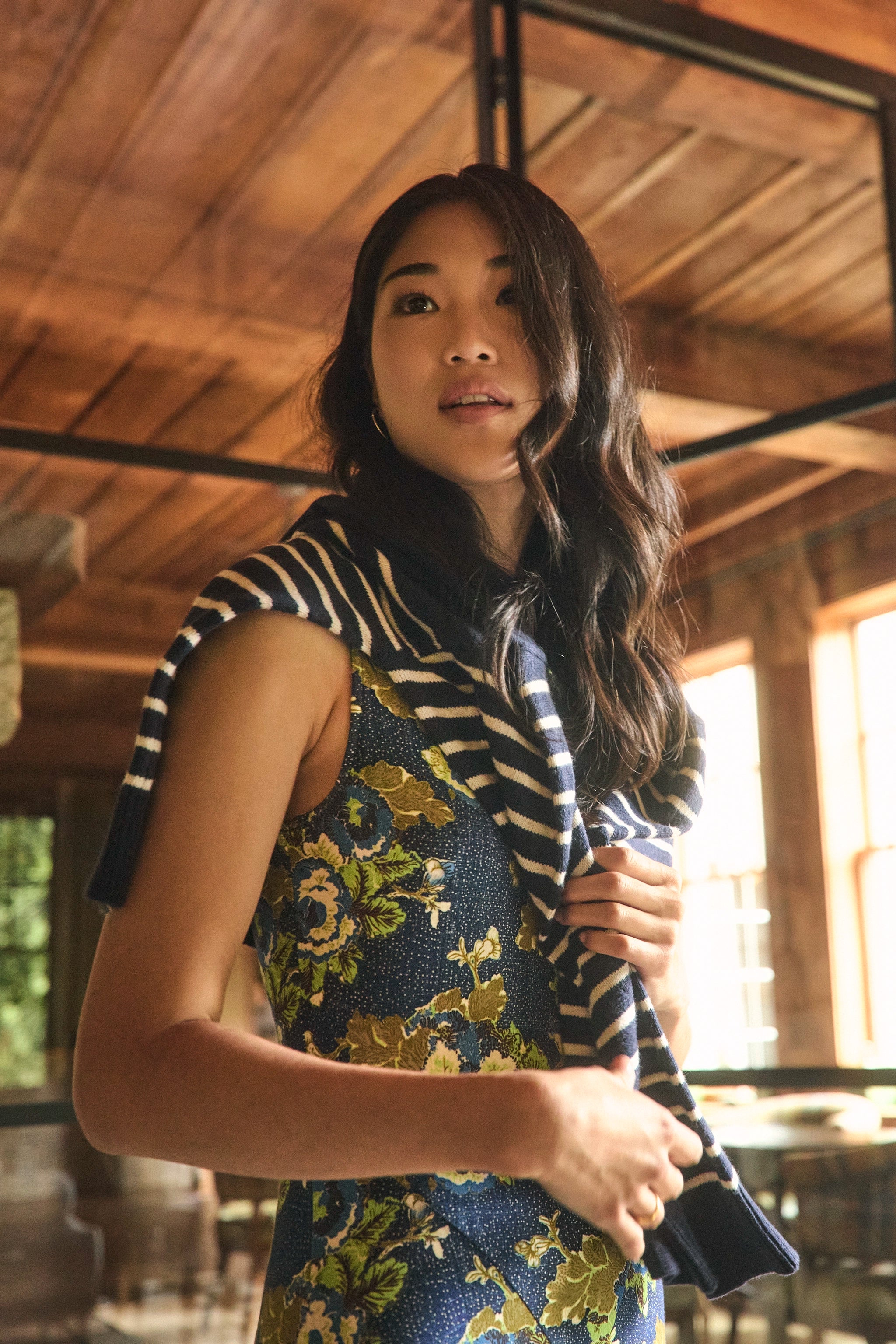 The Barker Dress in Primrose paired with Lewis Pullover in Midnight Blue. 