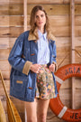 Oversized Indigo Blue barn jacket with contrast cuffs, roomy patch pocket and toggle front closure