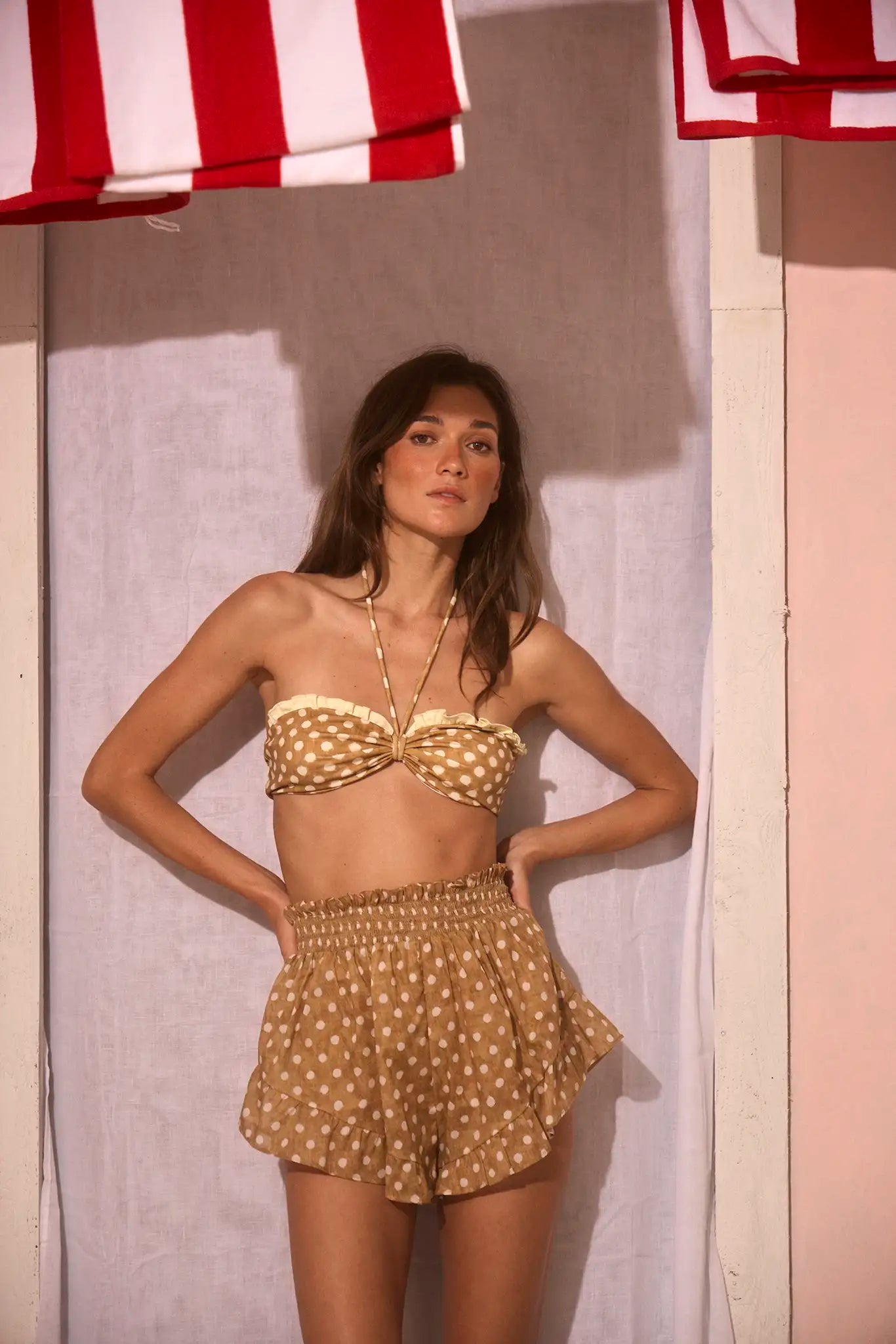The Belize Bikini Top with matching Eden Short Coverup in Coconut Sand Dot.