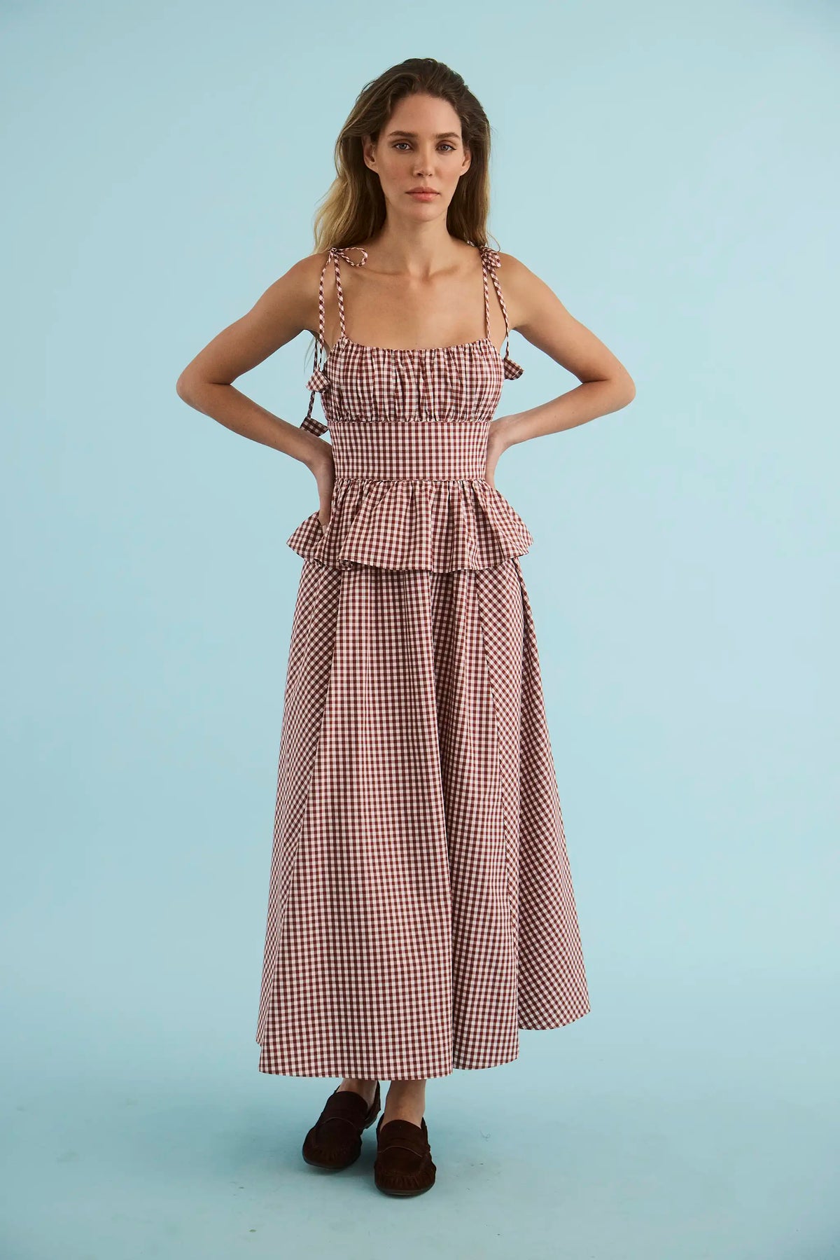 Hunter Bell Betsy Dress, Cotswold Check Rust, 100% Cotton, Midi Dress for Women