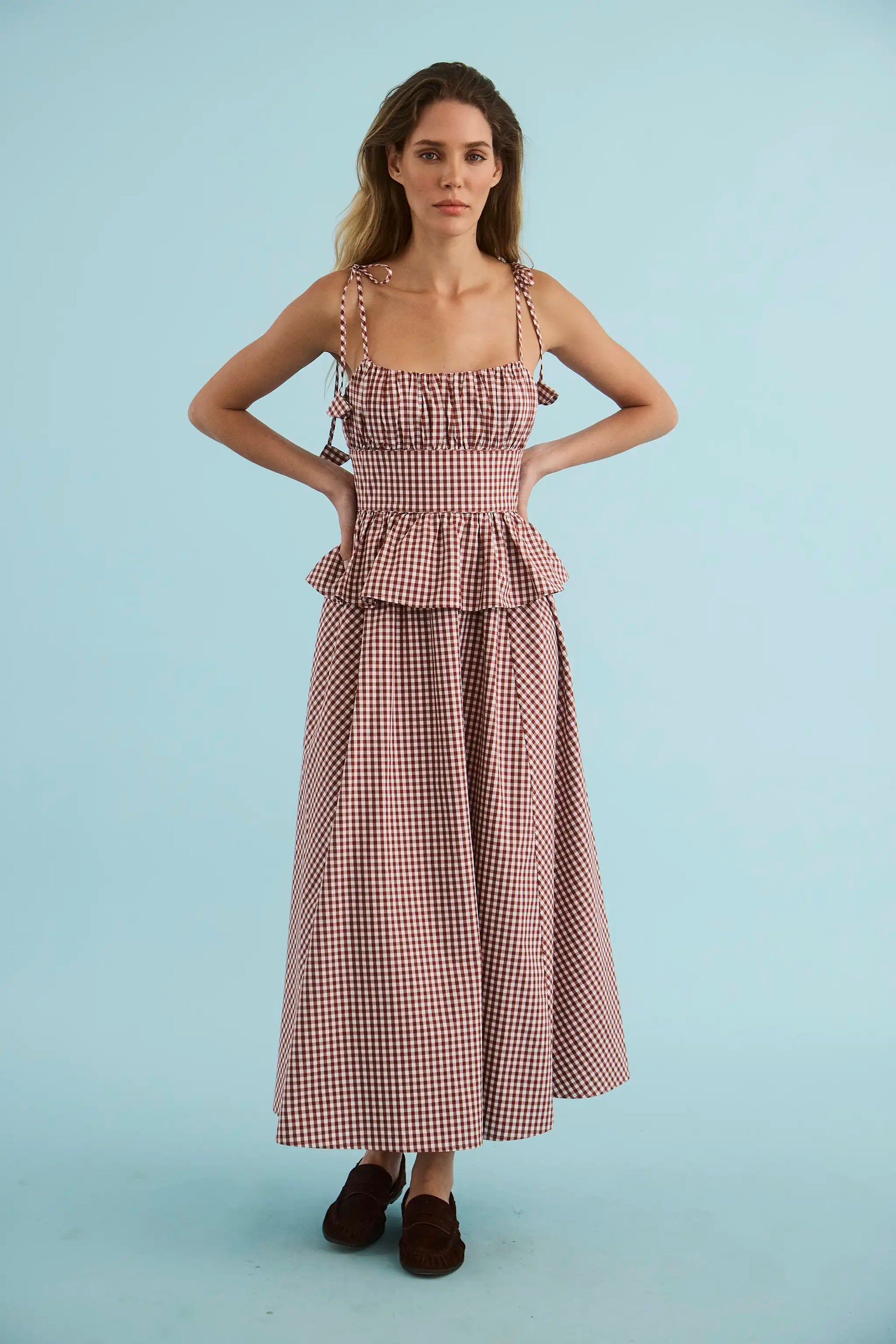 The Betsy Dress in Cotswold Check Rust micro gingham.