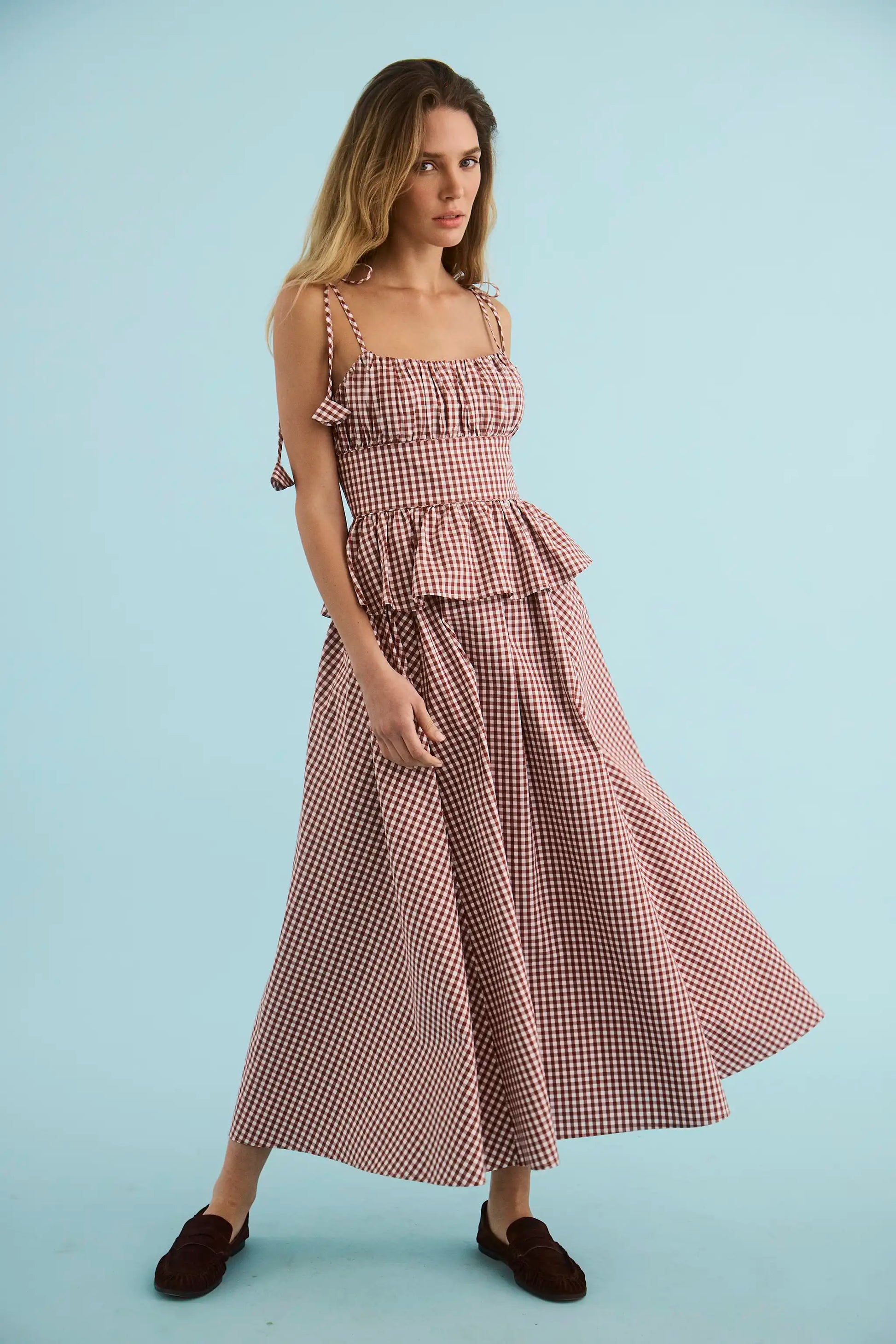 The Betsy Dress in Cotswold Check Rust micro gingham.