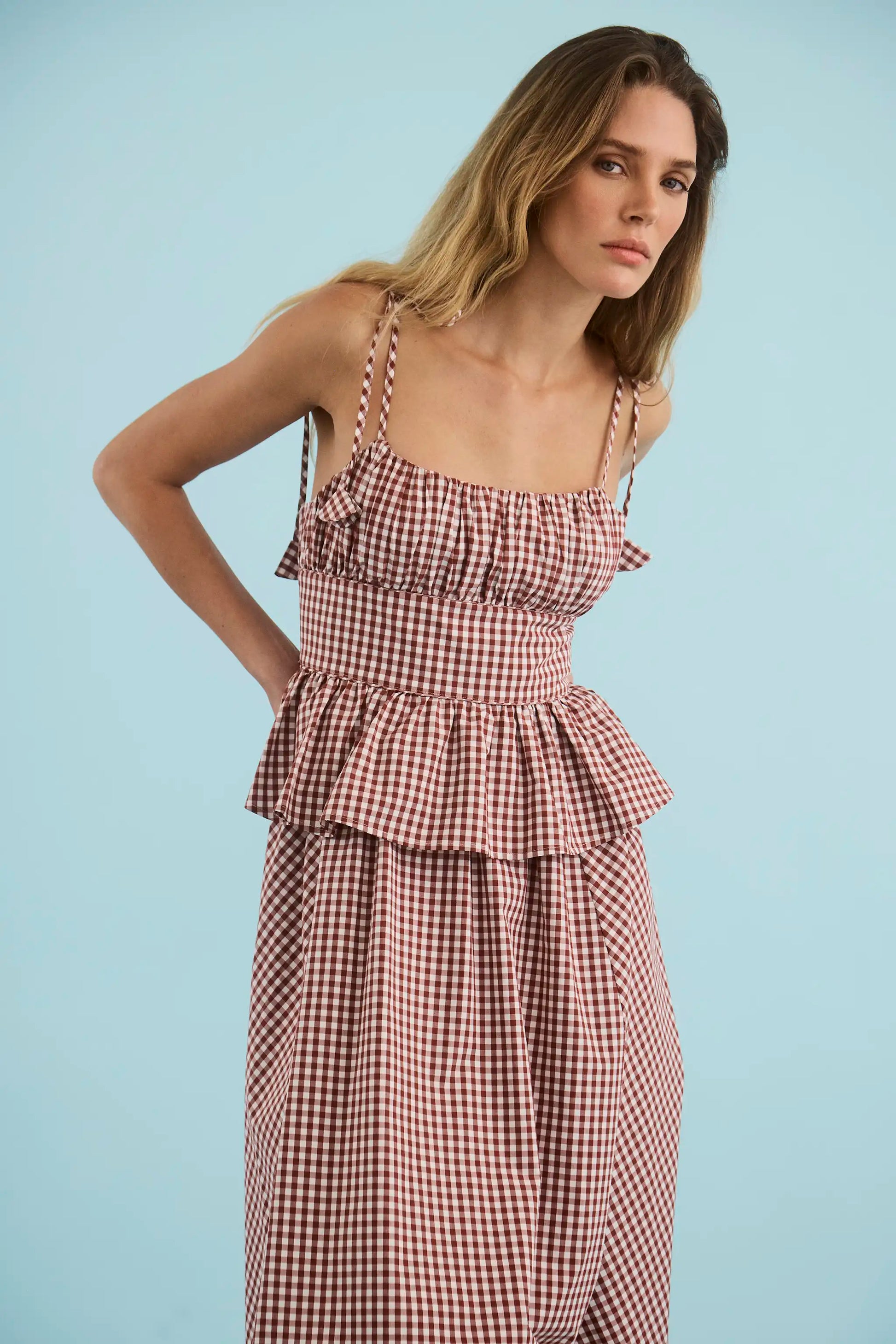 The Betsy Dress in Cotswold Check Rust micro gingham.