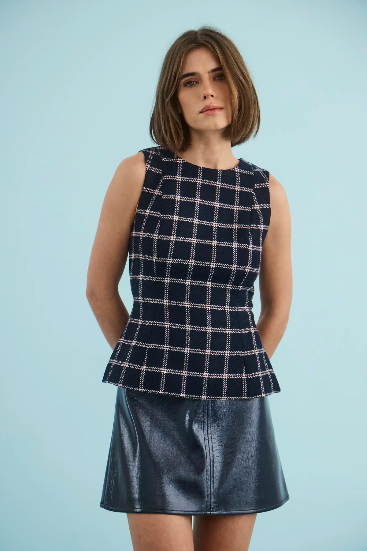 The Bini Top in St. Andrews Check paired with the Meeghan Mini Skirt in Midnight Blue. 