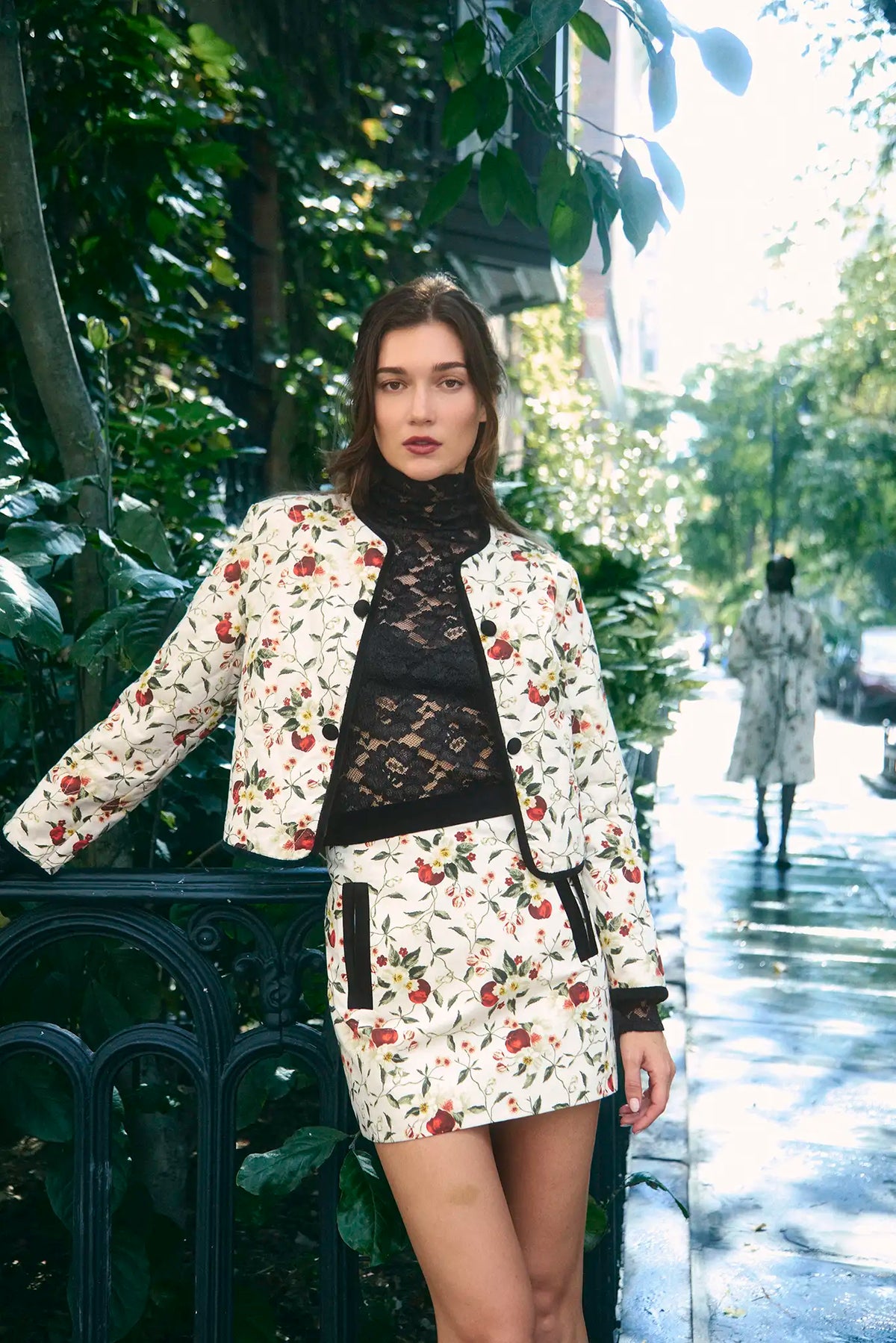 The Blaise Top in Noir Lace paired with the Atwood Jacket and India Skirt in Camellia Ivory. 