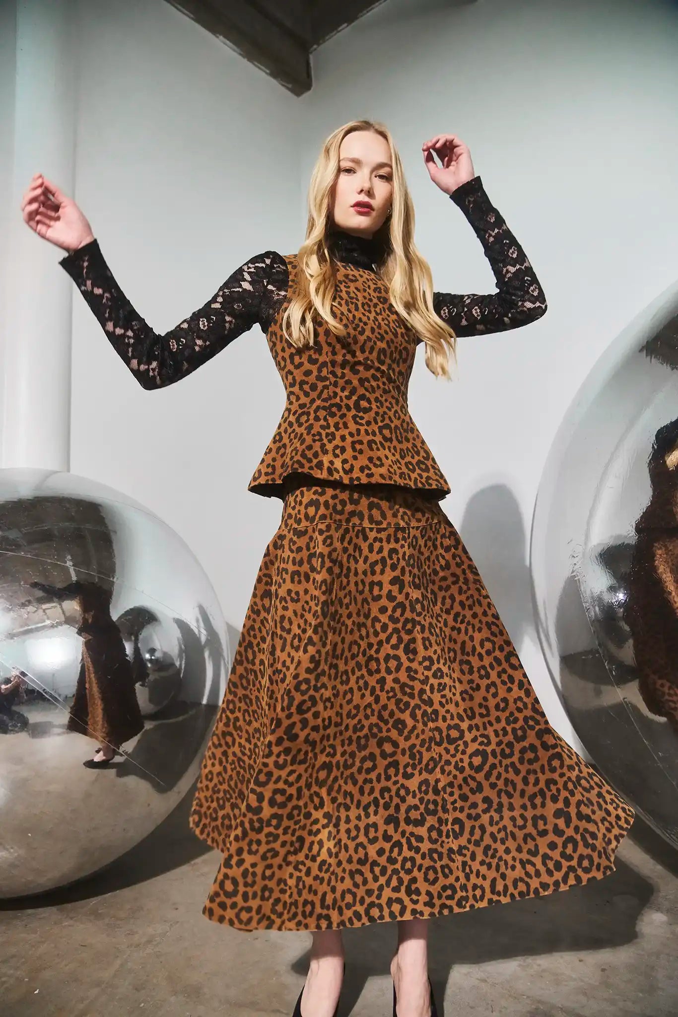 The Bini Top in Soho Leopard Camel Suede paired with the matching Ida Skirt and the Blaise Top. 