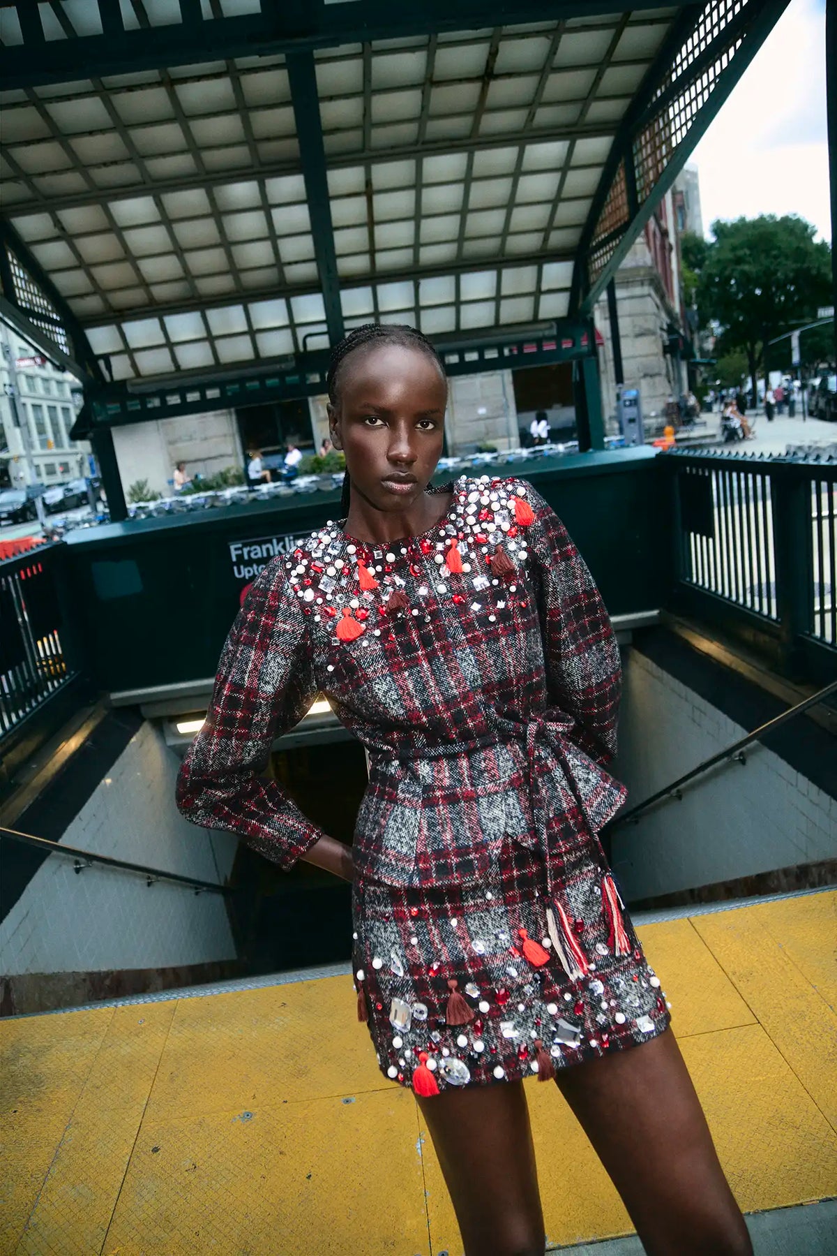 The Bonham Jacket in Parlour Plaid Garnet paired with the matching Britt Mini Skirt.