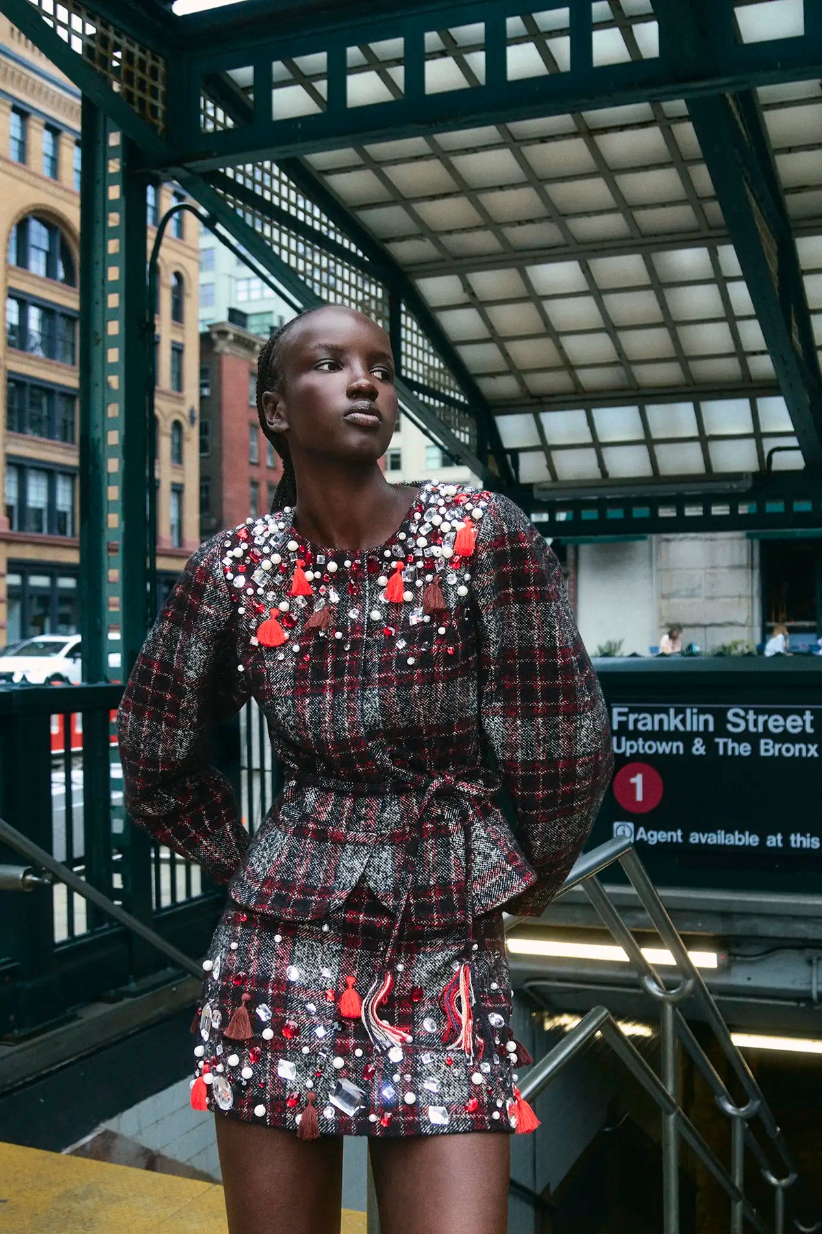 The Bonham Jacket in Parlour Plaid Garnet paired with the matching Britt Mini Skirt.