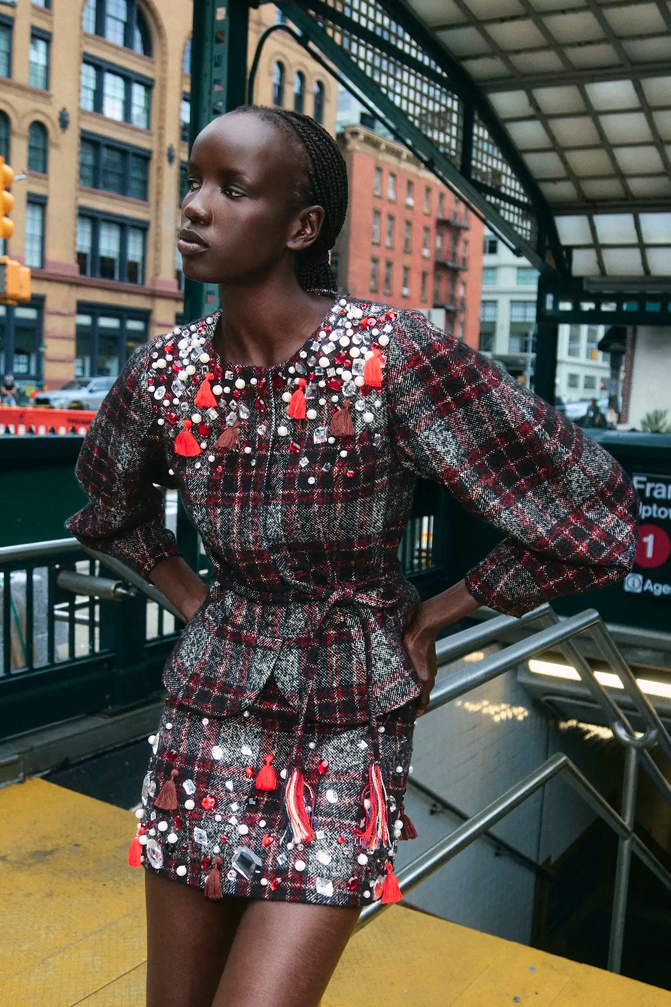 The Bonham Jacket in Parlour Plaid Garnet paired with the matching Britt Mini Skirt.