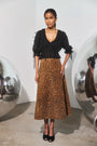 The Bridges Top in Manhattan Chiffon Onyx paired with the Ida Skirt in Soho Leopard Camel.