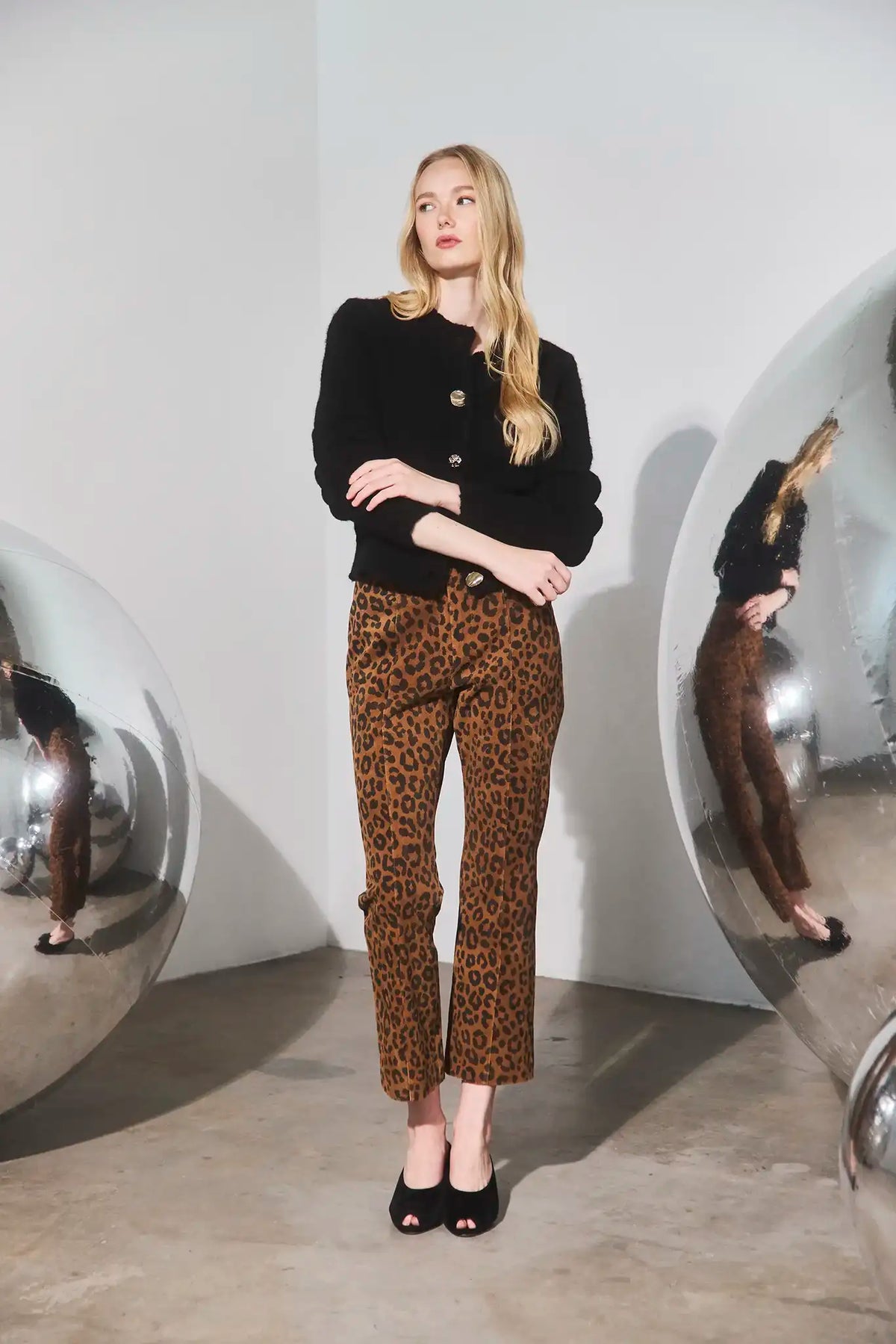 The Brooke Cardigan in Noir paired with the Hills Pant in Soho Leopard Camel.