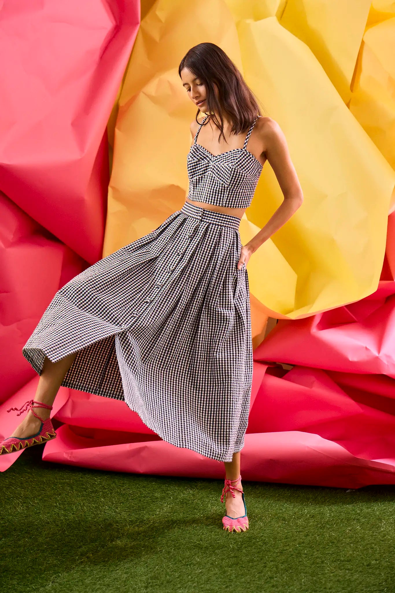 The Eva Skirt in black and white seersucker paired with matching Brookie Top, cropped tank top