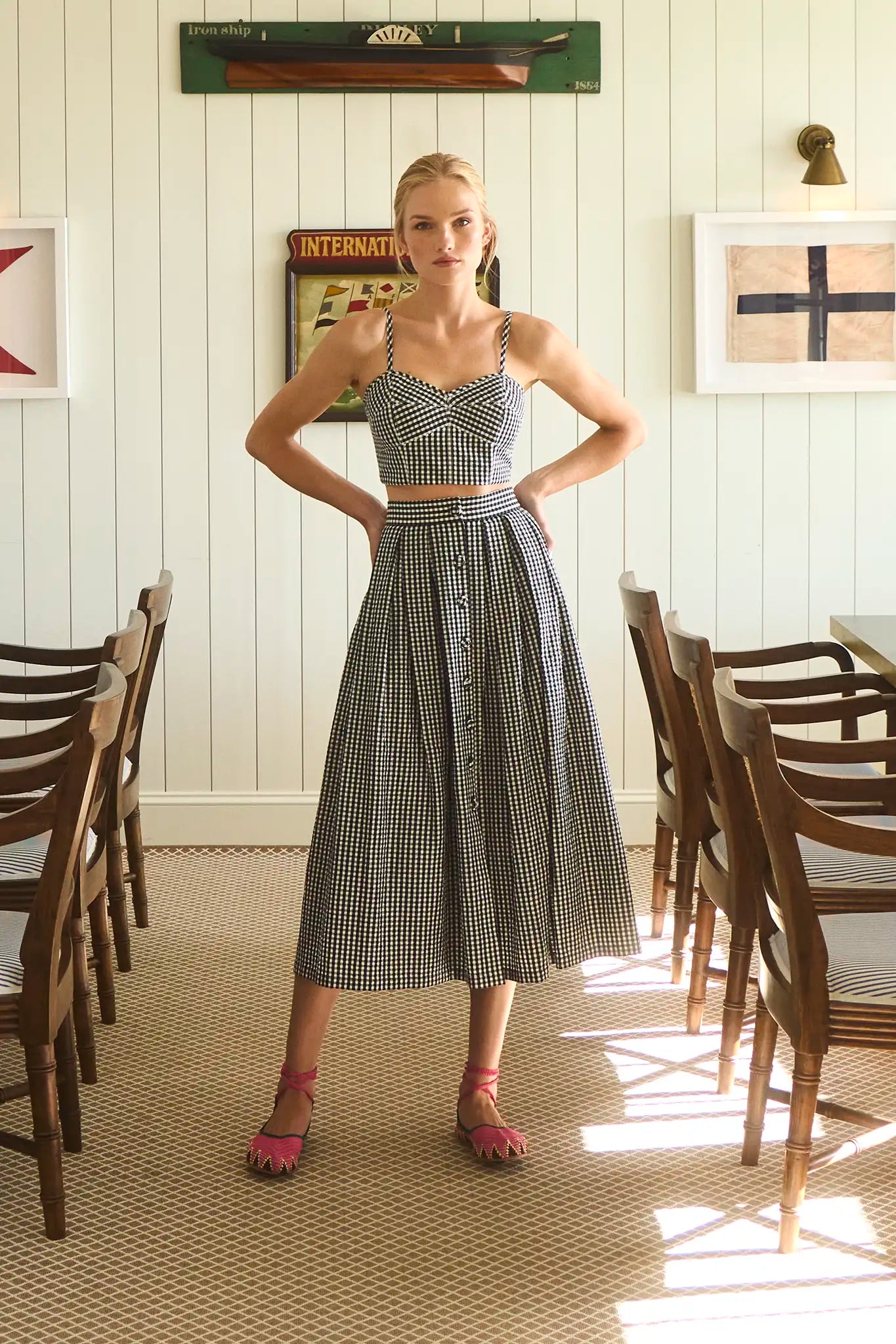 The Eva Skirt in black and white seersucker paired with matching Brookie Top, cropped tank top