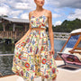The Eva Skirt in Coastal Conversation paired with matching Brookie Top on model posed on boat