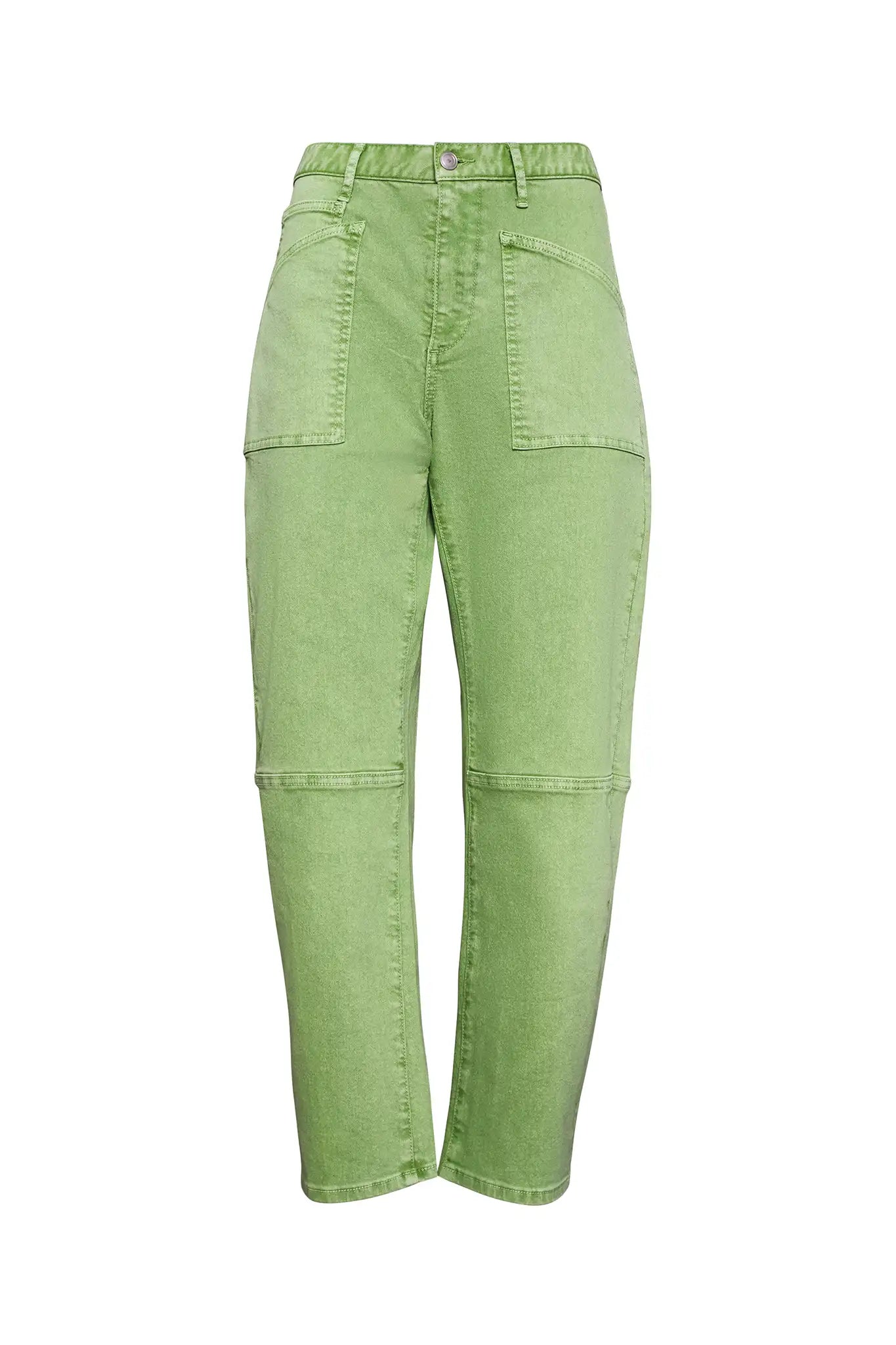 Close up of the Mallory Jean in leaf green denim.