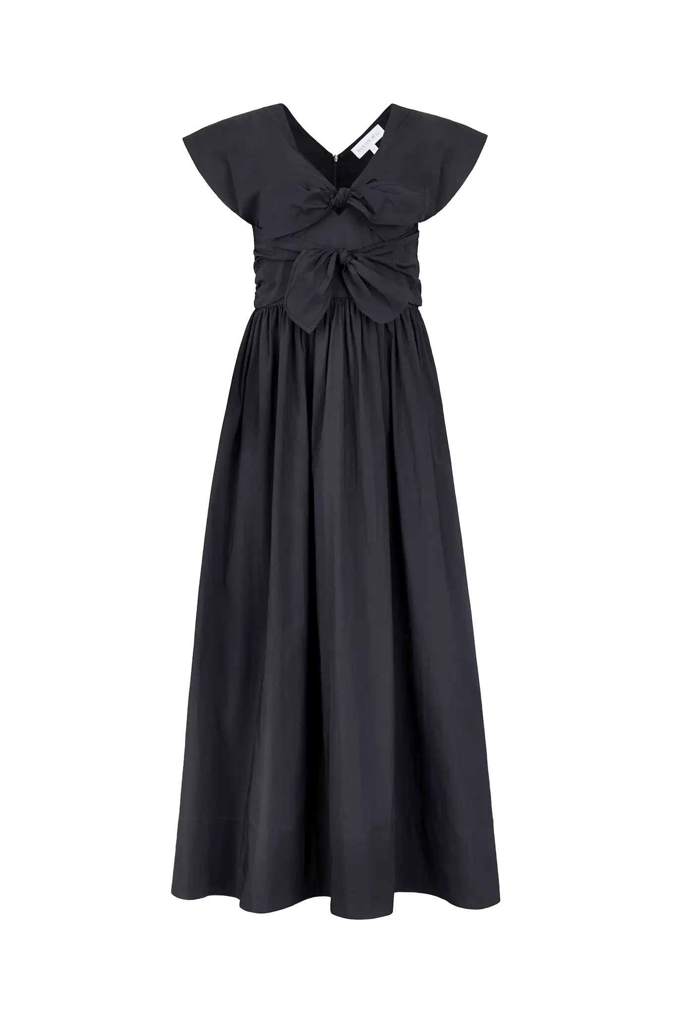 The Calista Dress has a V-neckline, cap sleeves, adjustable tie-front details and a full skirt.