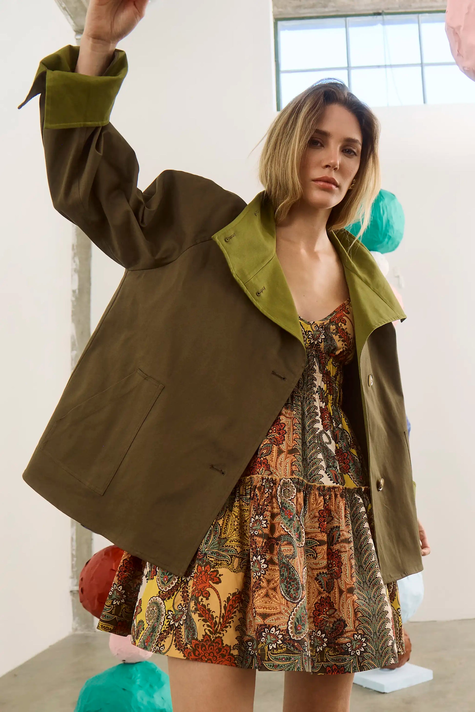 The Callaway Dress in Highland Tapestry paired with Howell Trench Coat in green. 