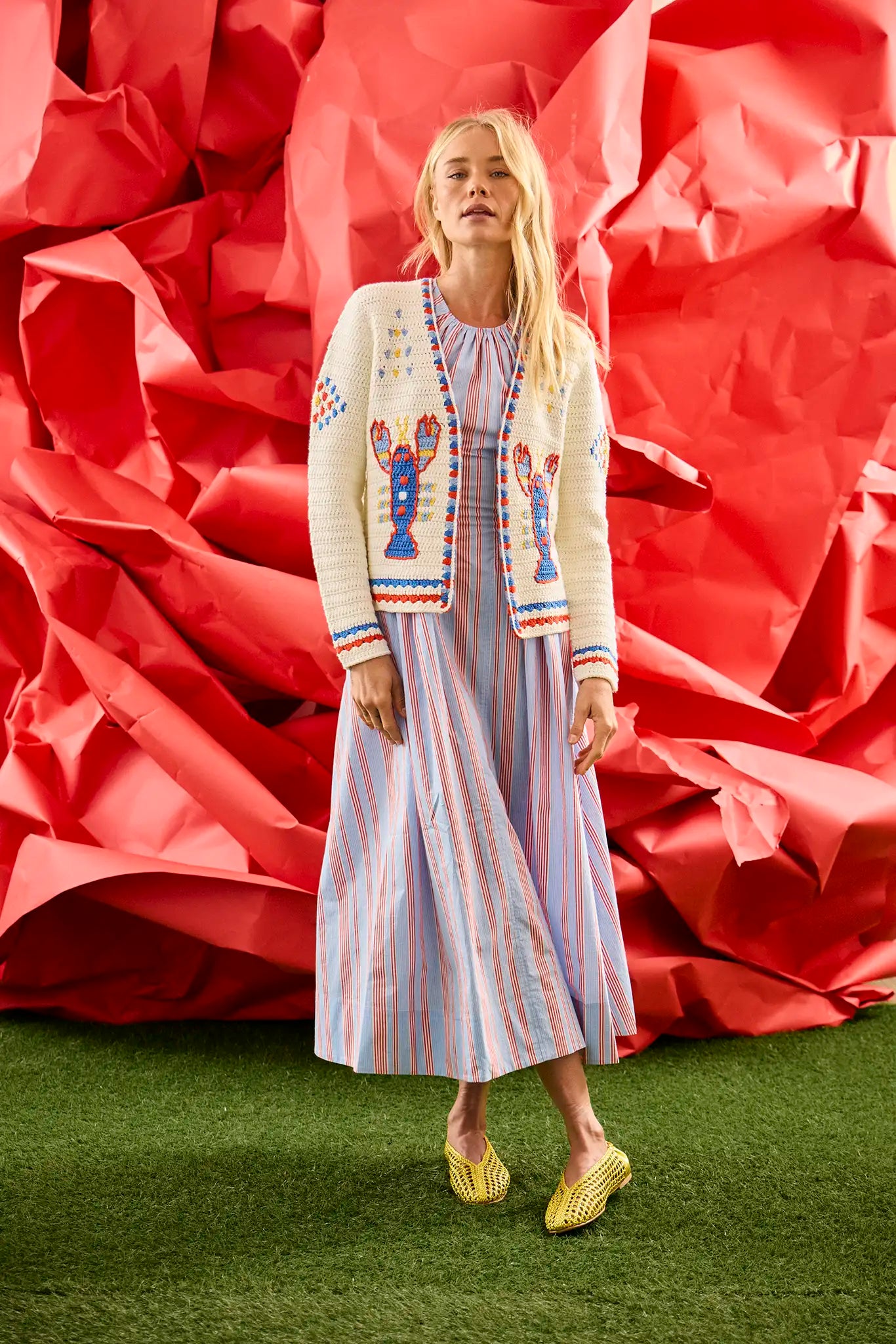 The Callen Cardigan in Lobster Multi paired with nantucket dress
