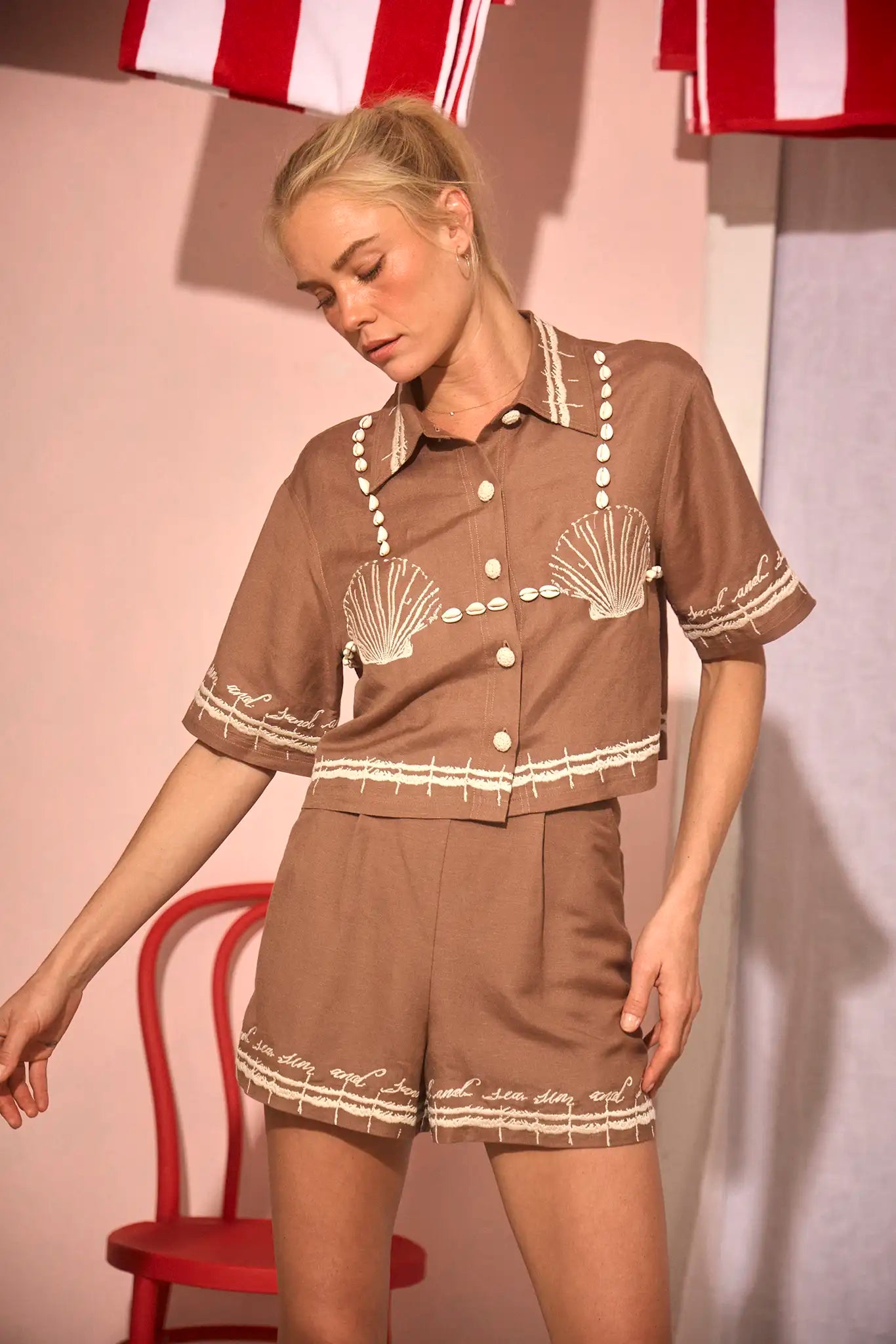 Brown Ashton Shorts paired with matching brown shirt.